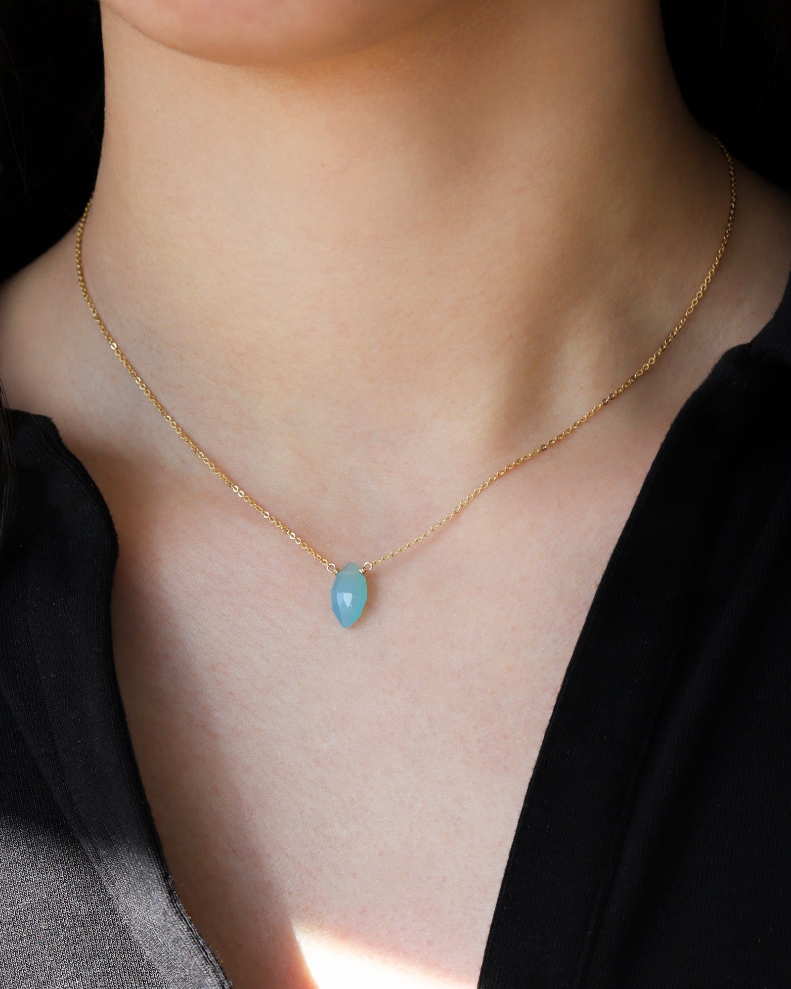 Marquise Stone Cable  Necklace 14k Gold Filled, Blue Chalcedony
