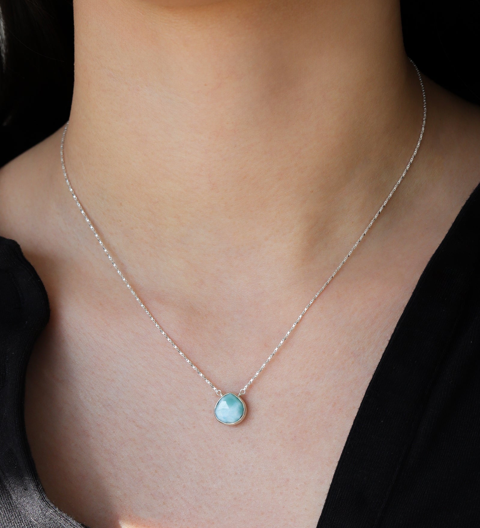Heart Bezel Stone Box Chain Necklace Sterling Silver, Larimar