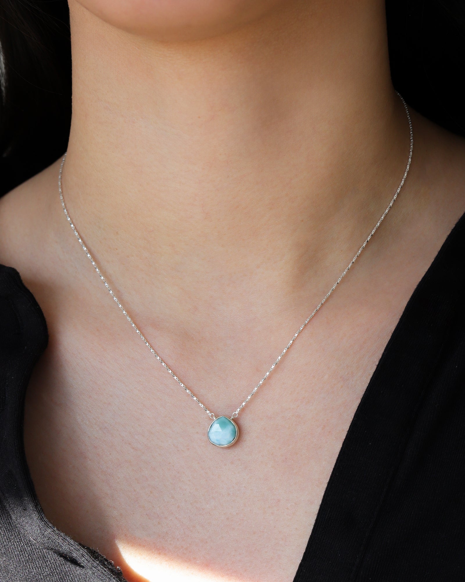 Heart Bezel Stone Box Chain Necklace Sterling Silver, Larimar