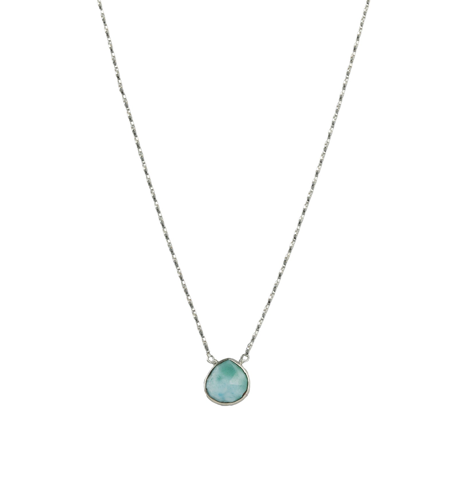 Heart Bezel Stone Box Chain Necklace Sterling Silver, Larimar