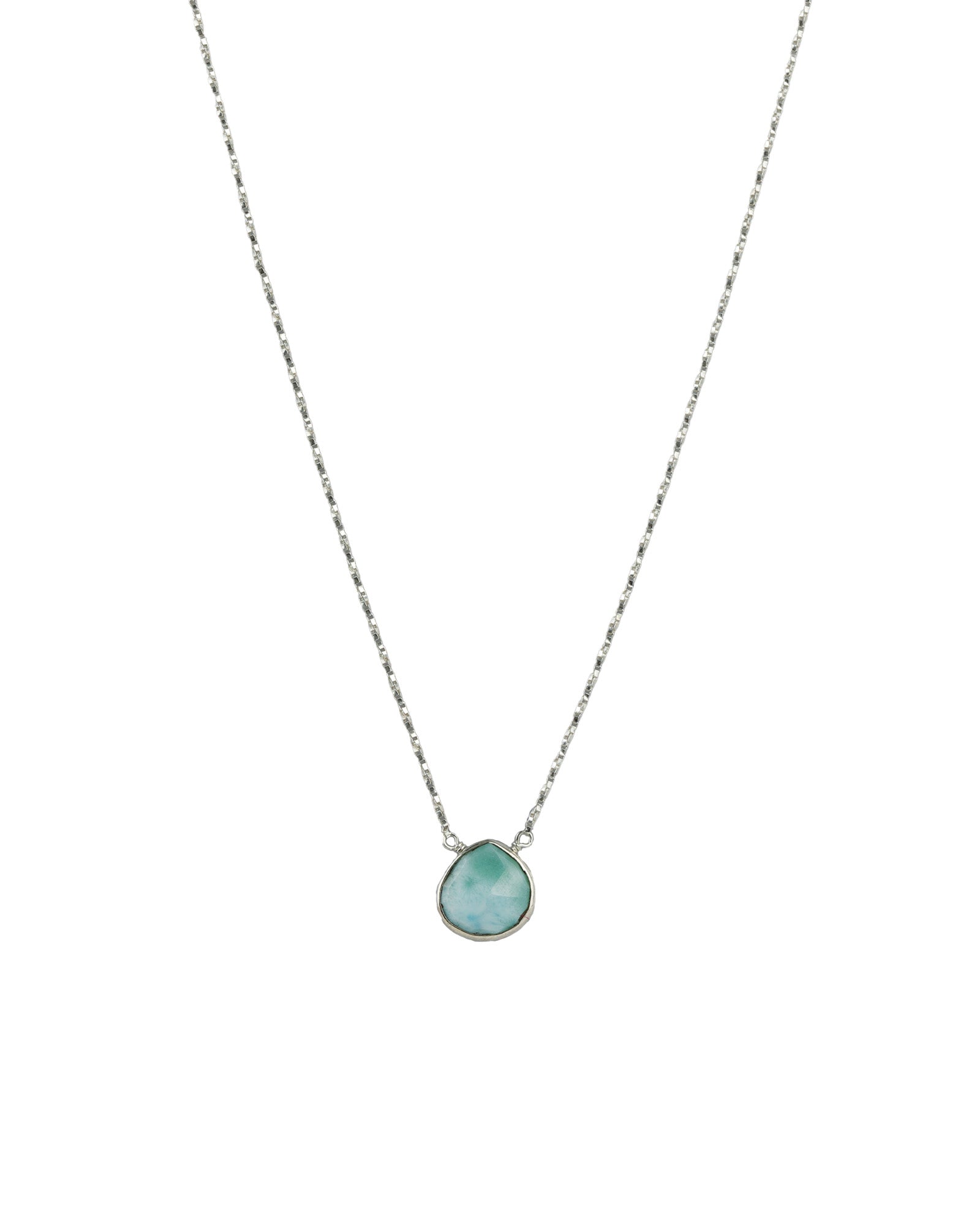 Heart Bezel Stone Box Chain Necklace Sterling Silver, Larimar