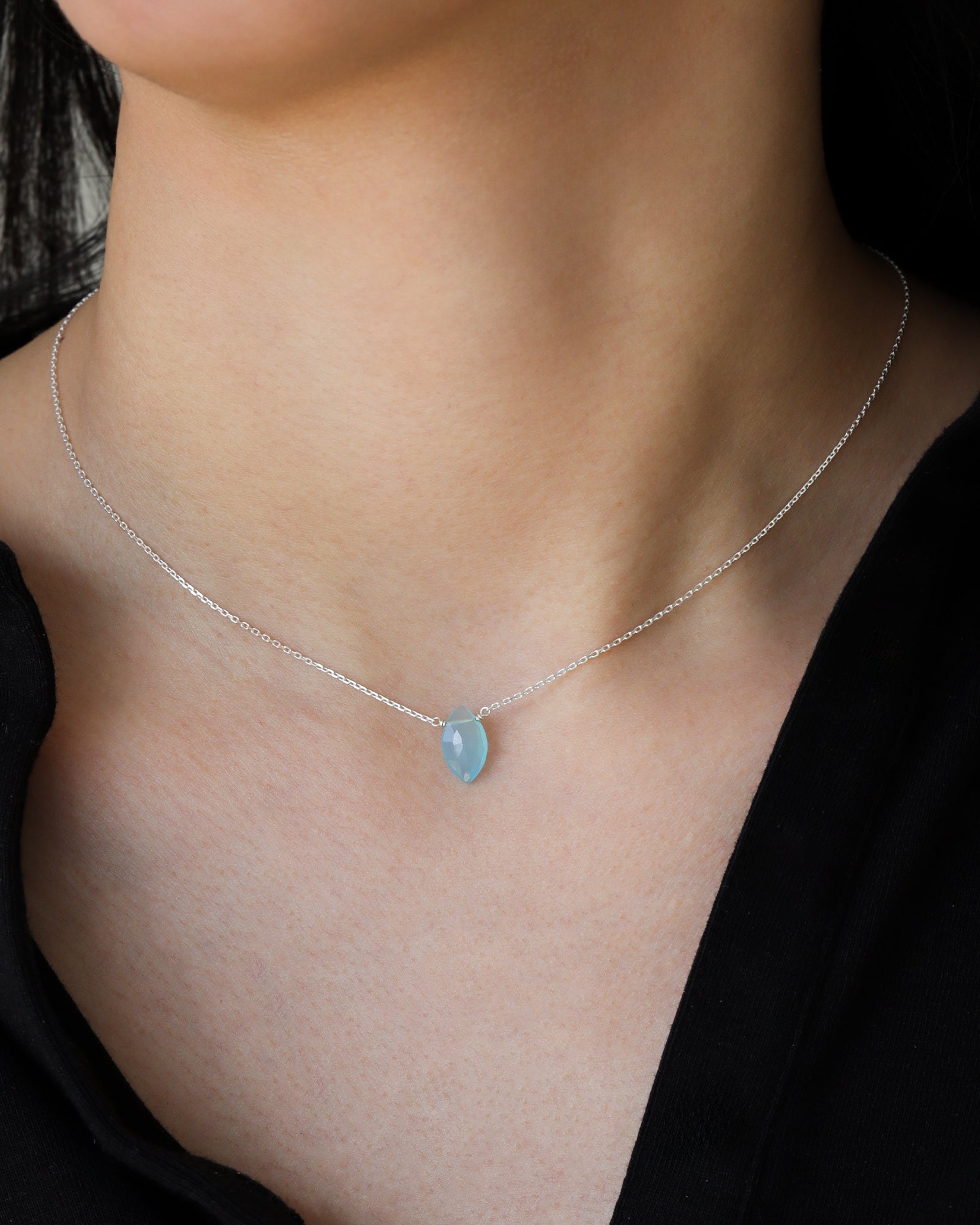 Marquise Stone Cable Necklace Sterling Silver, Blue Chalcedony