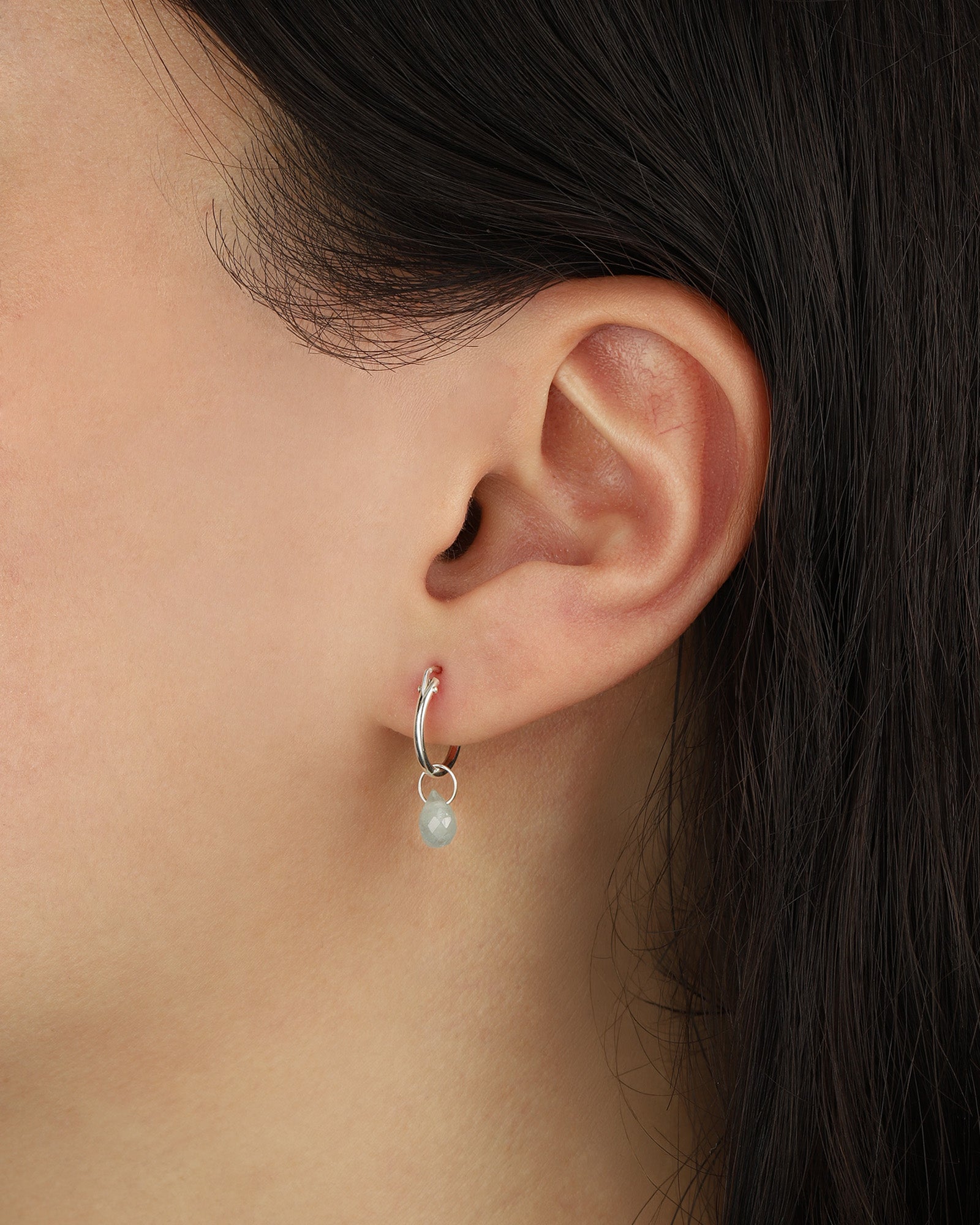 Aquamarine Teardrop Floating Drop Huggies | 12mm Sterling Silver, Blue Aquamarine