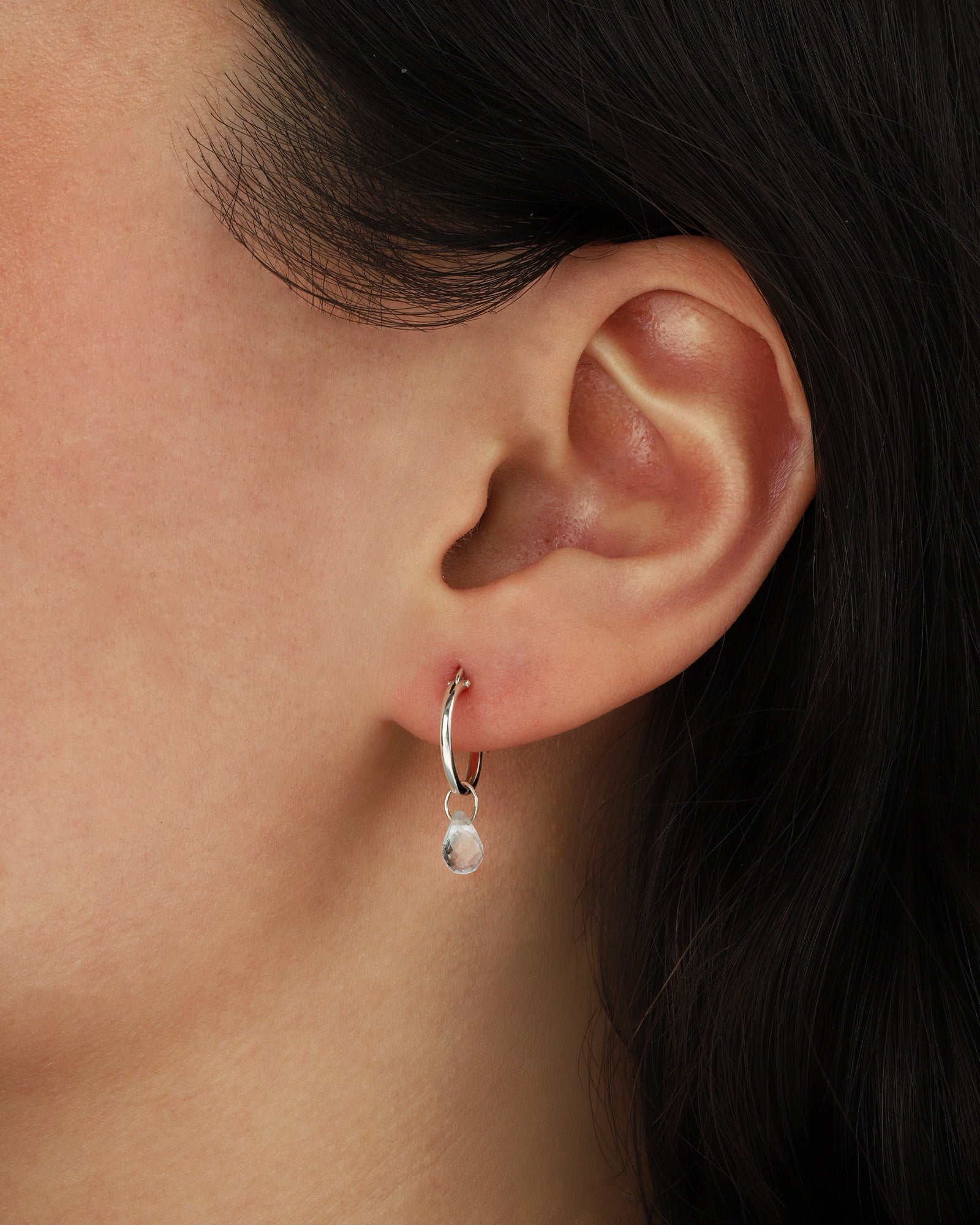 Sky Blue Topaz Teardrop Floating Drop Huggies | 12mm Sterling Silver, Sky Blue Topaz