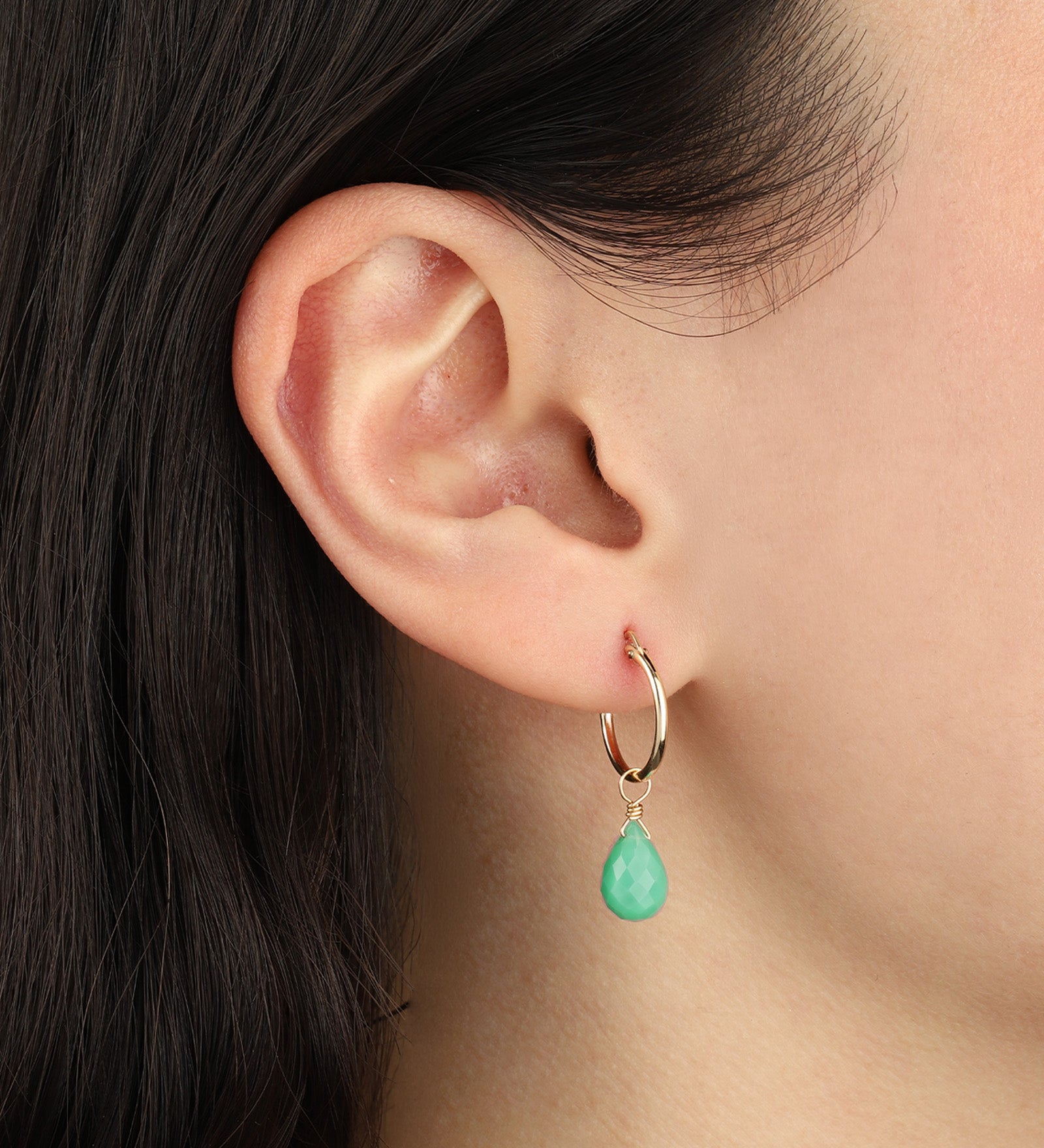 Green Chalcedony Teardrop Floating Drop Huggies | 14mm 14k Gold Filled, Green Chalcedony