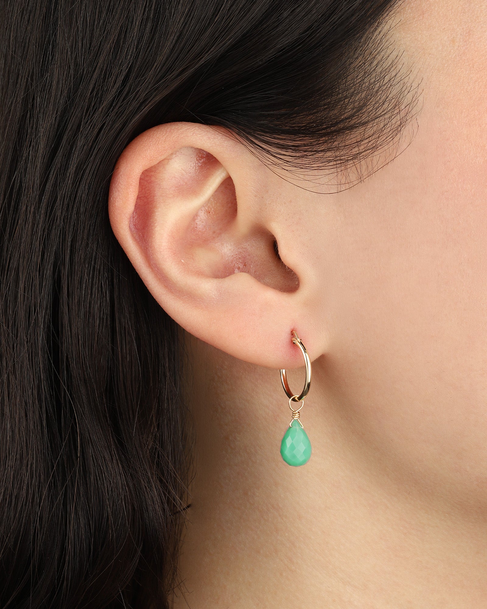Green Chalcedony Teardrop Floating Drop Huggies | 14mm 14k Gold Filled, Green Chalcedony