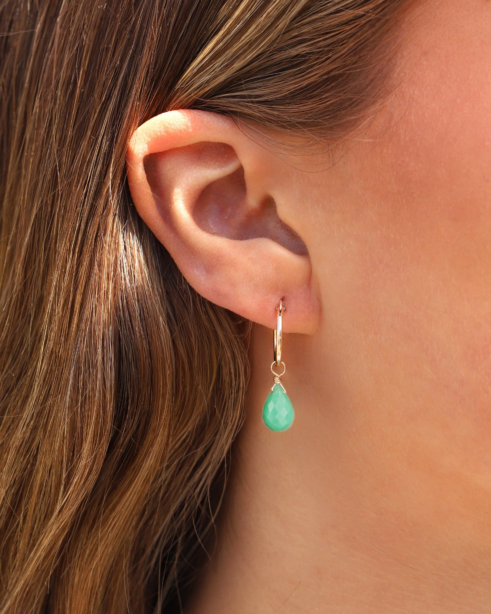Stoned By Gem Jar-Green Chalcedony Teardrop Floating Drop Huggies | 14mm-Earrings-Blue Ruby Jewellery-Vancouver Canada