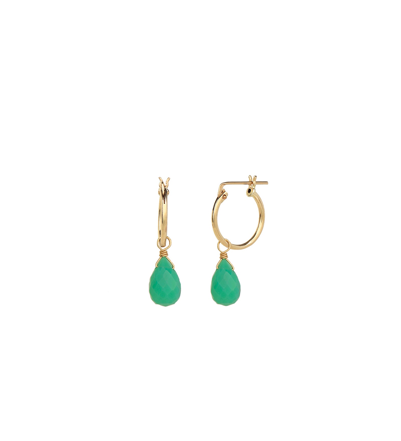 Green Chalcedony Teardrop Floating Drop Huggies | 14mm 14k Gold Filled, Green Chalcedony