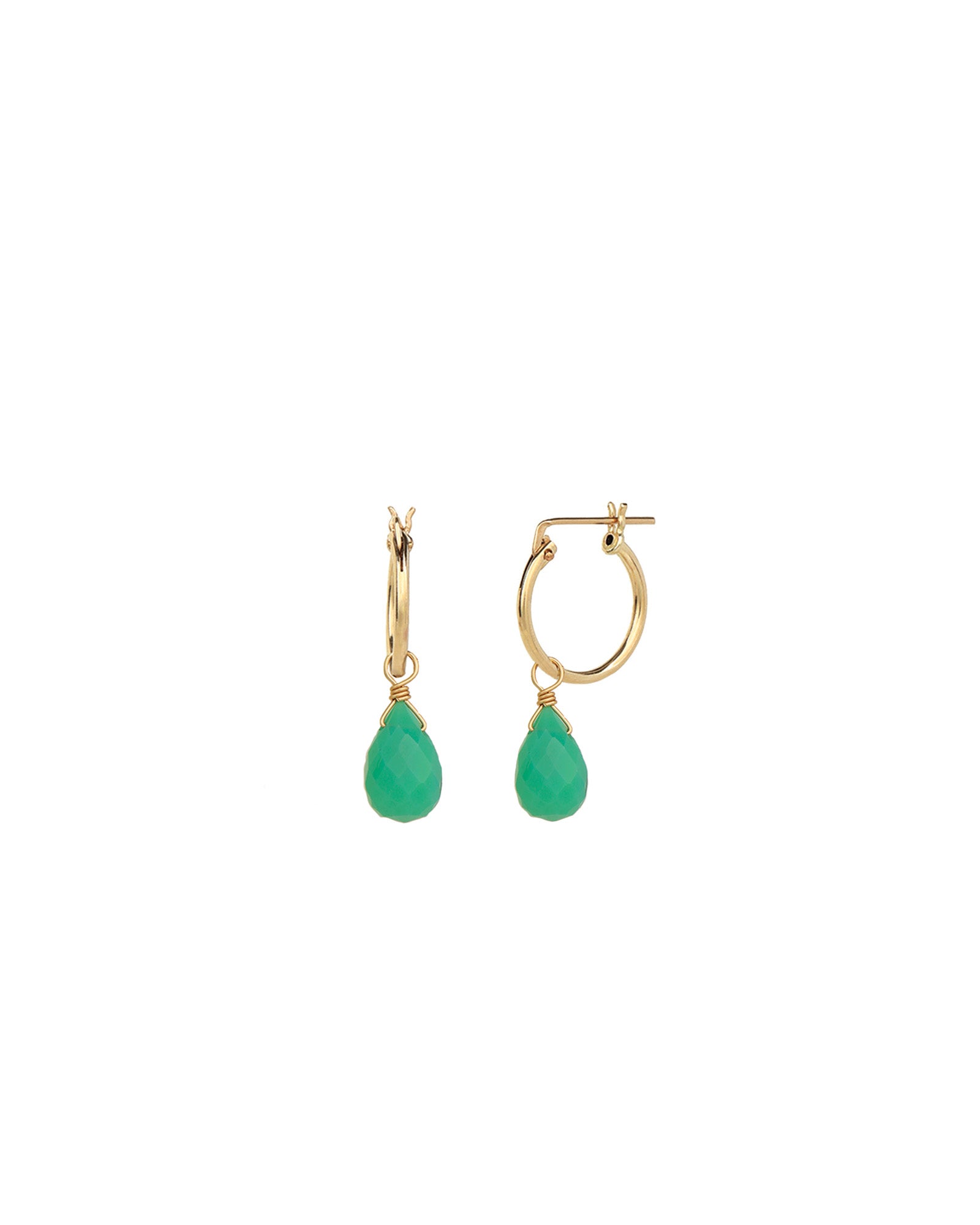 Green Chalcedony Teardrop Floating Drop Huggies | 14mm 14k Gold Filled, Green Chalcedony