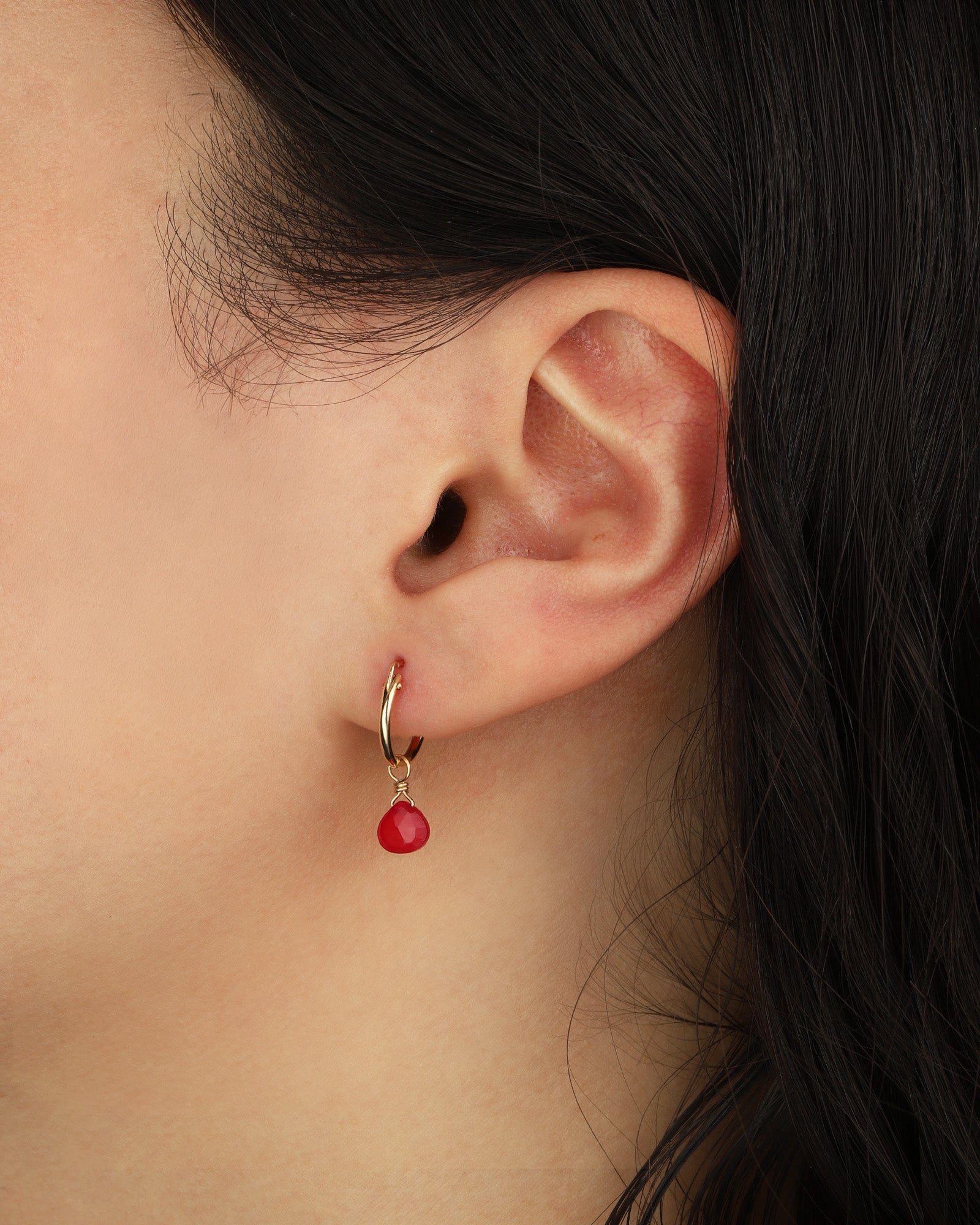 Pink Chalcedony Heart Floating Drop Huggies | 12mm 14k Gold Filled. Pink Chalcedony