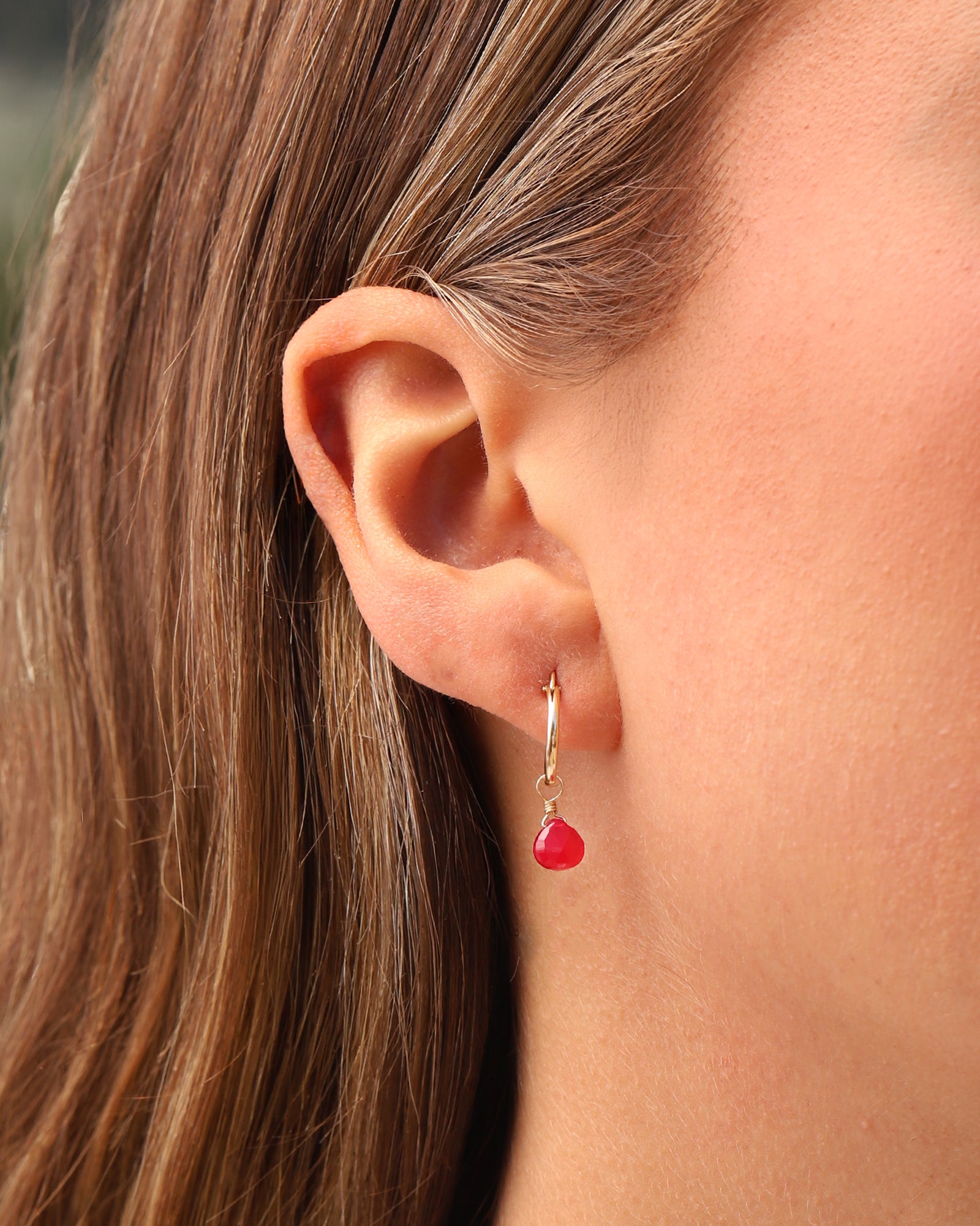 Stoned By Gem Jar-Pink Chalcedony Heart Floating Drop Huggies | 12mm-Earrings-Blue Ruby Jewellery-Vancouver Canada