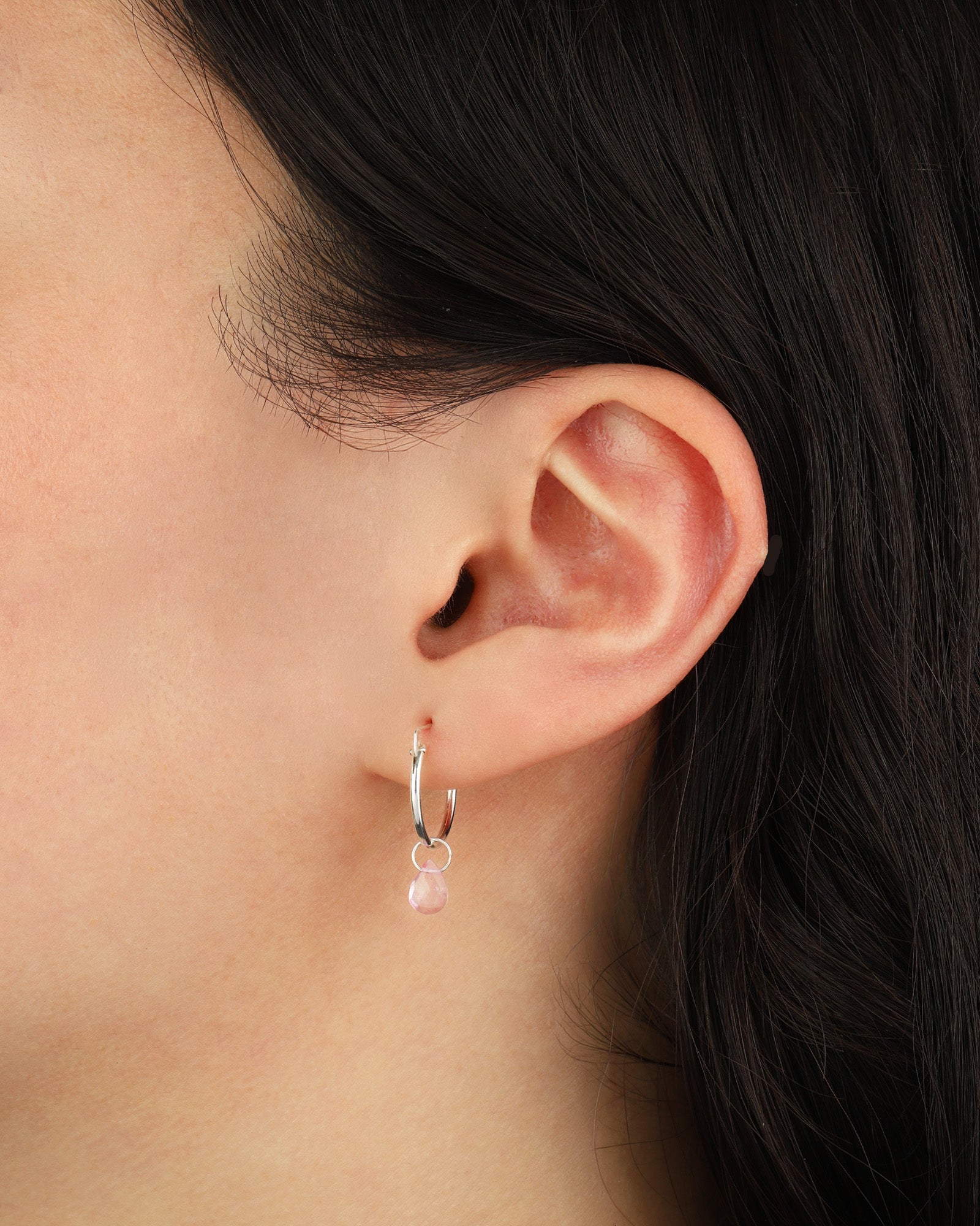 Pink Topaz Heart Floating Drop Huggies | 14mm Sterling Silver, Pink Topaz