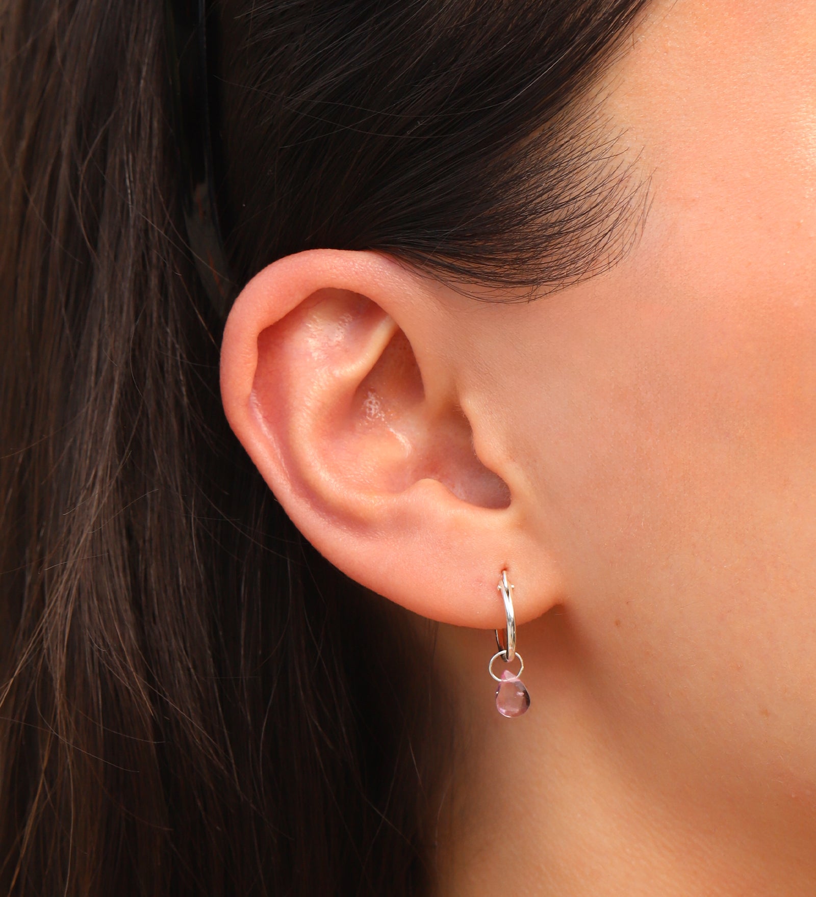 Stoned By Gem Jar-Pink Topaz Heart Floating Drop Huggies | 12mm-Earrings-Blue Ruby Jewellery-Vancouver Canada