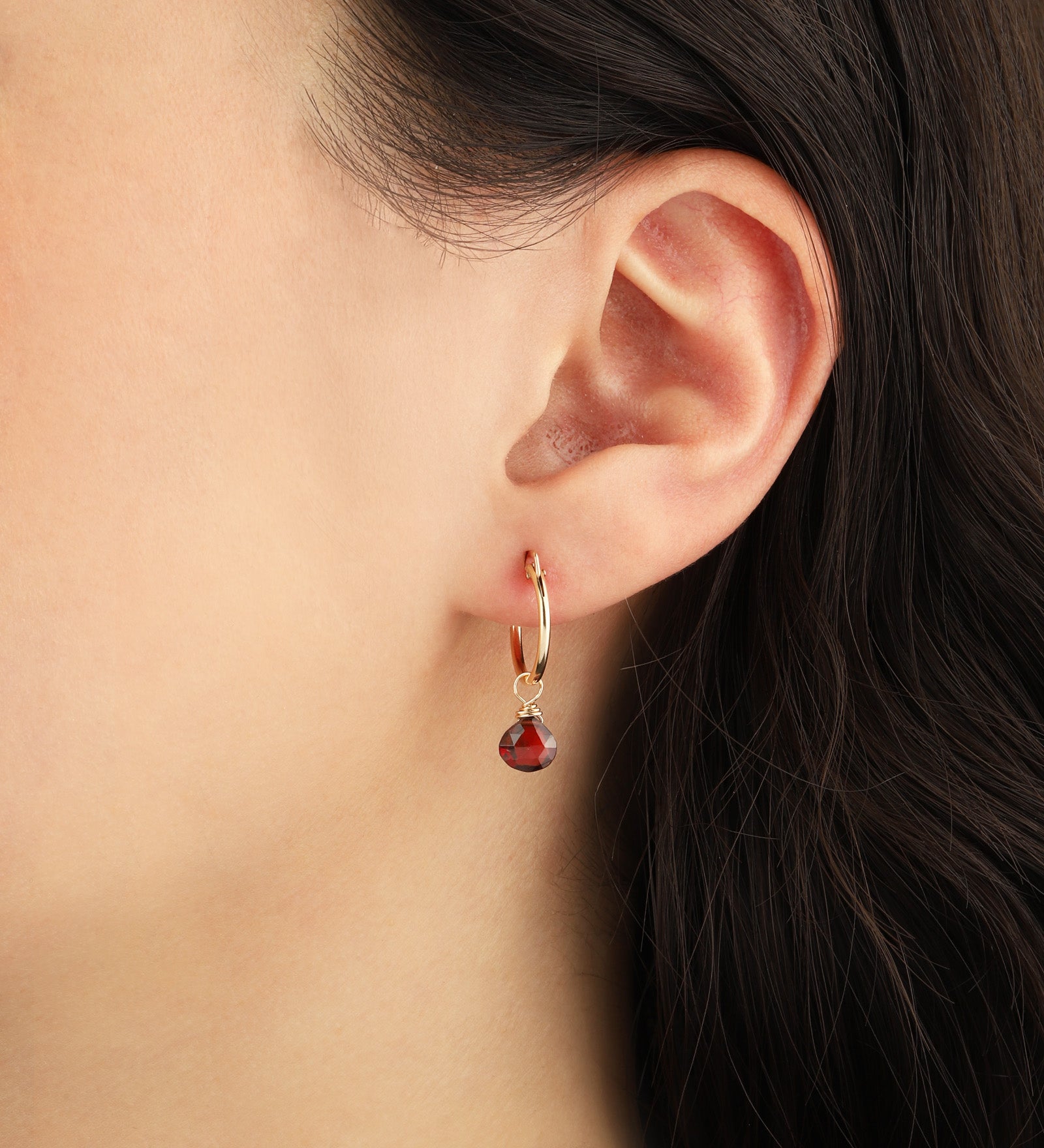 Garnet Heart Floating Drop Huggies | 14mm 14k Gold Filled, Garnet