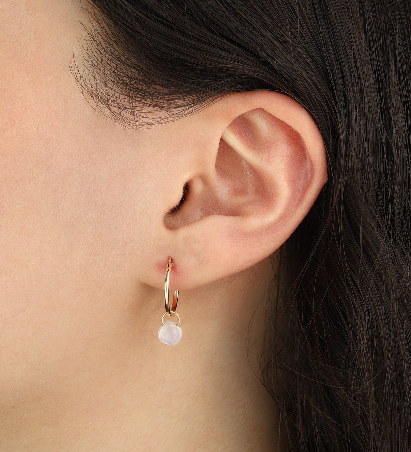 Rainbow Moonstone Heart Floating Drop Huggies | 14mm 14k Gold Filled, Rainbow Moonstone