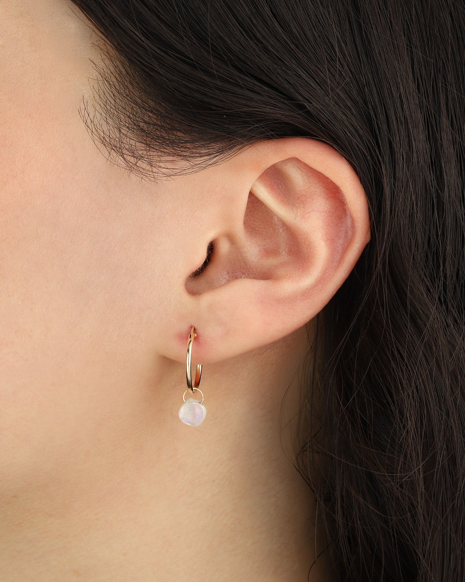 Rainbow Moonstone Heart Floating Drop Huggies | 14mm 14k Gold Filled, Rainbow Moonstone
