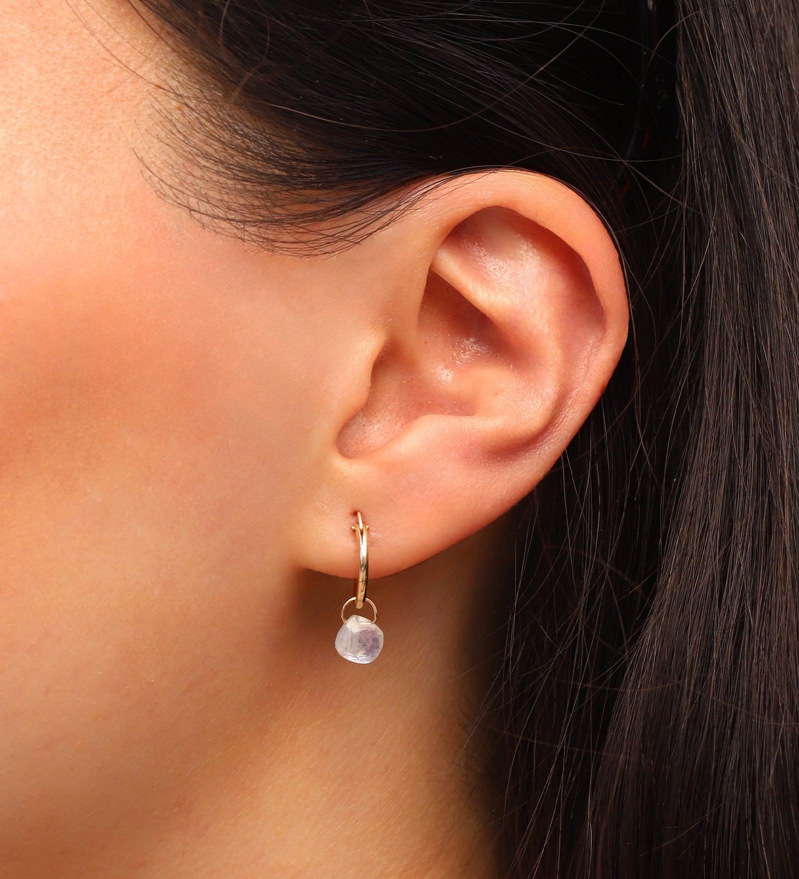Stoned By Gem Jar-Rainbow Moonstone Heart Floating Drop Huggies | 12mm-Earrings-Blue Ruby Jewellery-Vancouver Canada