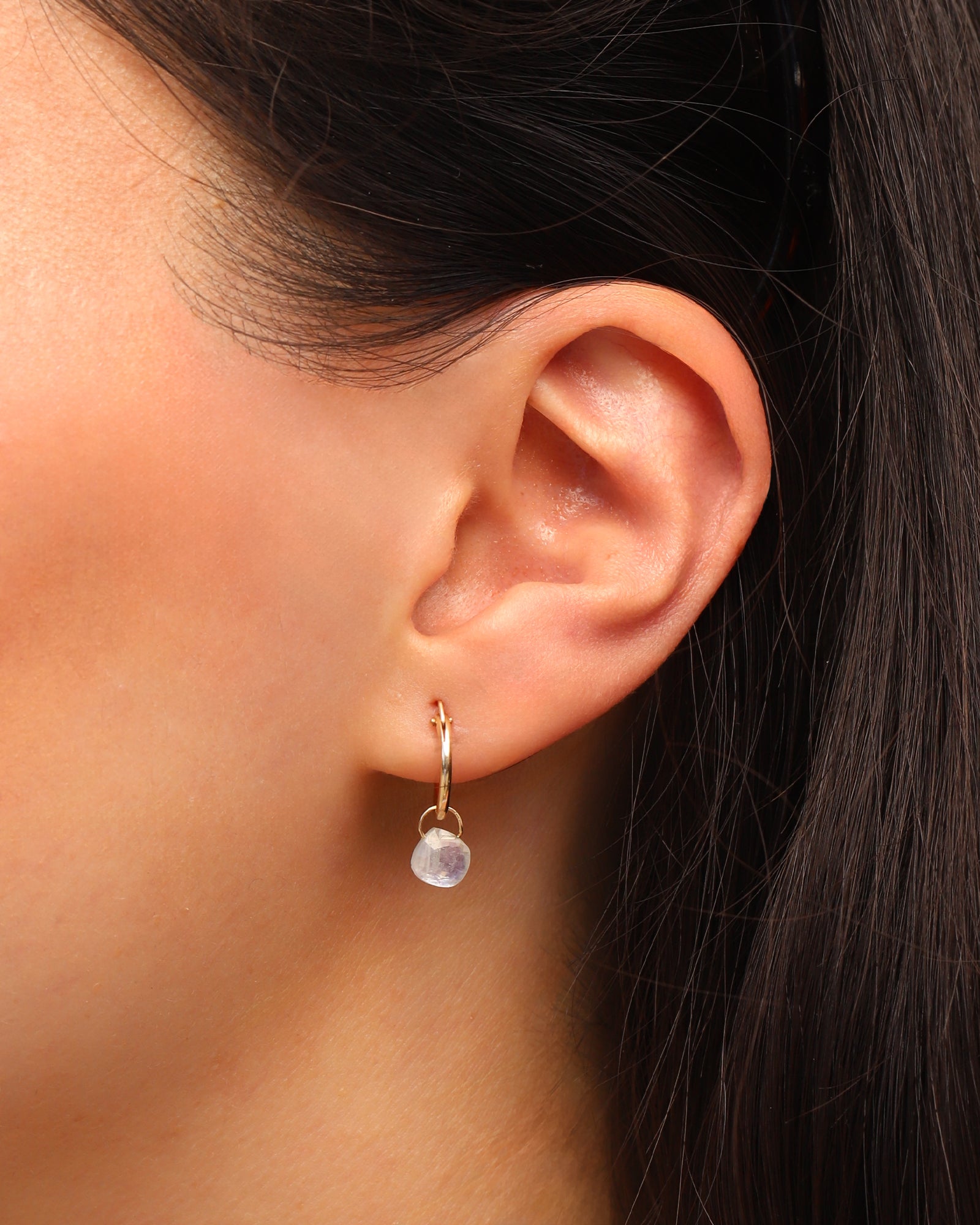 Stoned By Gem Jar-Rainbow Moonstone Heart Floating Drop Huggies | 12mm-Earrings-Blue Ruby Jewellery-Vancouver Canada