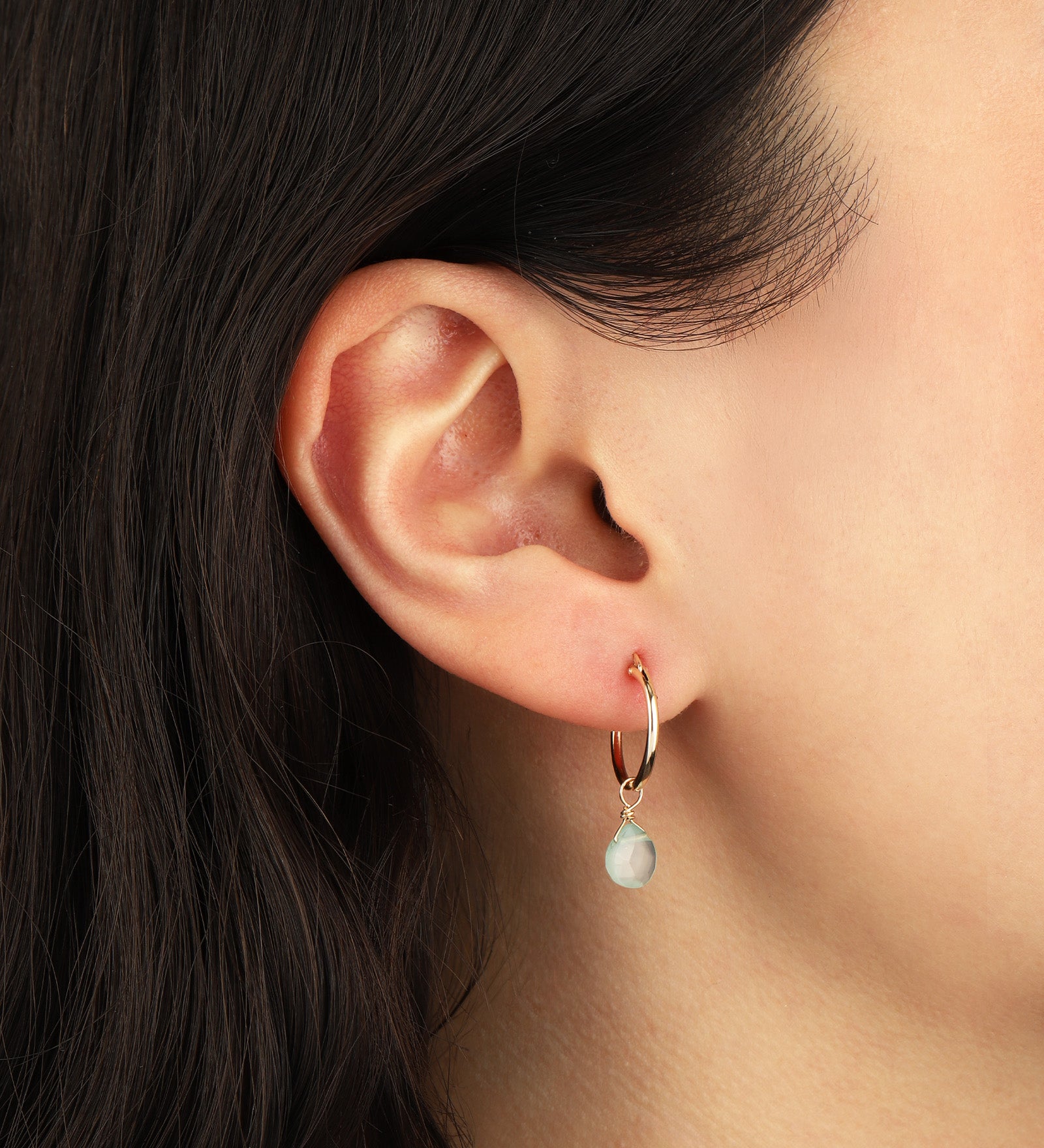 Aqua Chalcedony Heart Floating Drop Huggies | 14mm 14k Gold Filled, Aqua Chalcedony