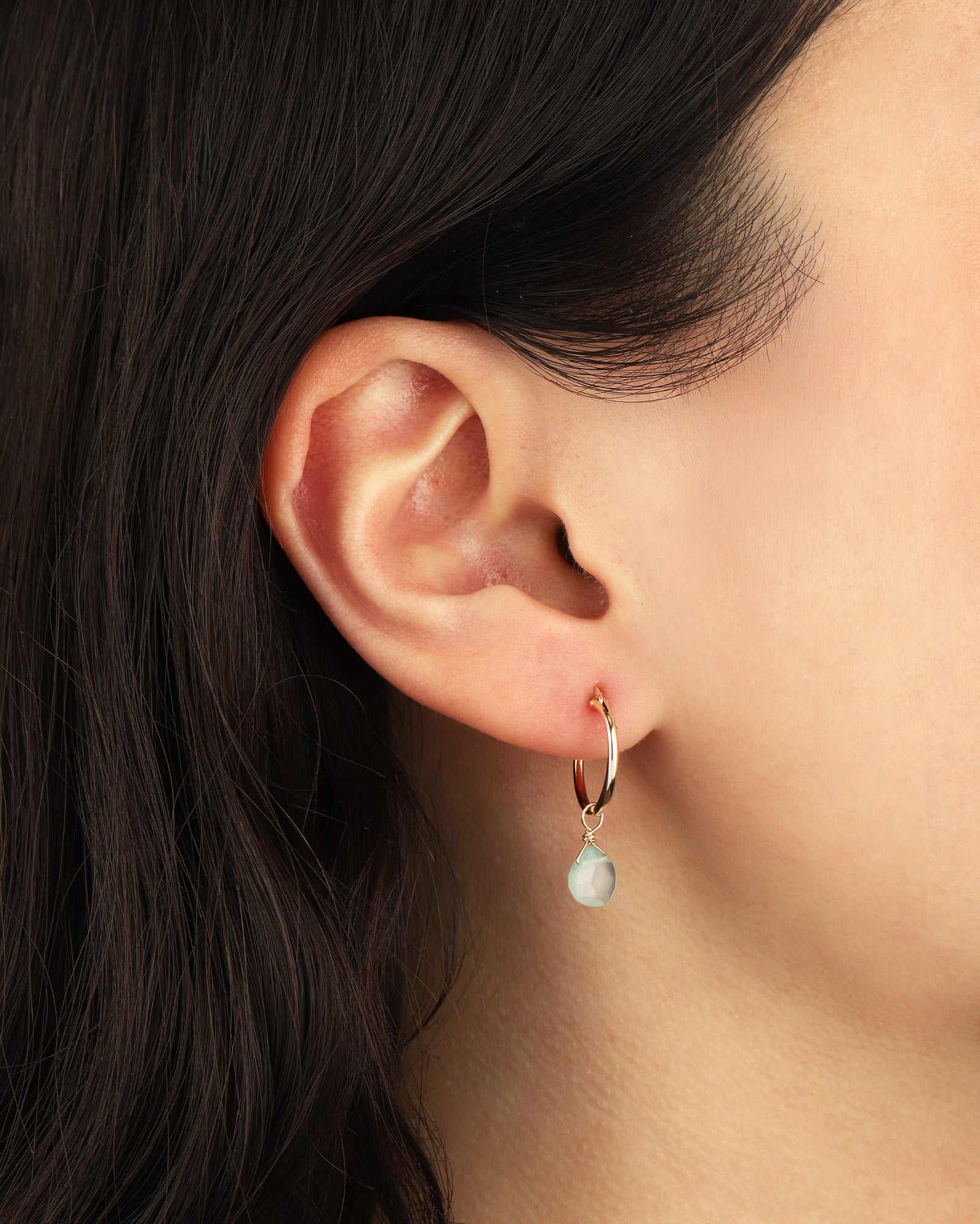 Aqua Chalcedony Heart Floating Drop Huggies | 14mm 14k Gold Filled, Aqua Chalcedony