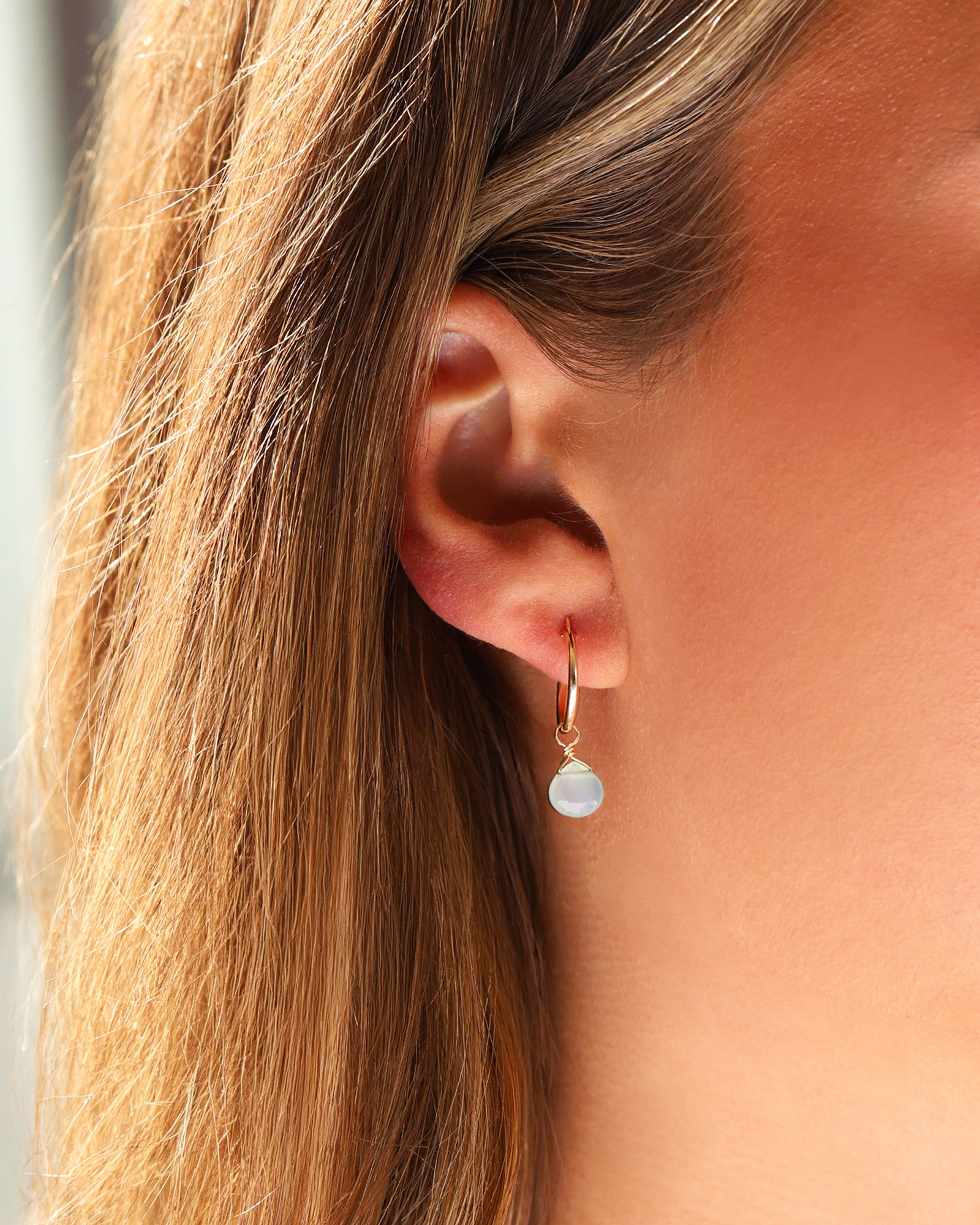 Stoned By Gem Jar-Aqua Chalcedony Heart Floating Drop Huggies | 14mm-Earrings-Blue Ruby Jewellery-Vancouver Canada