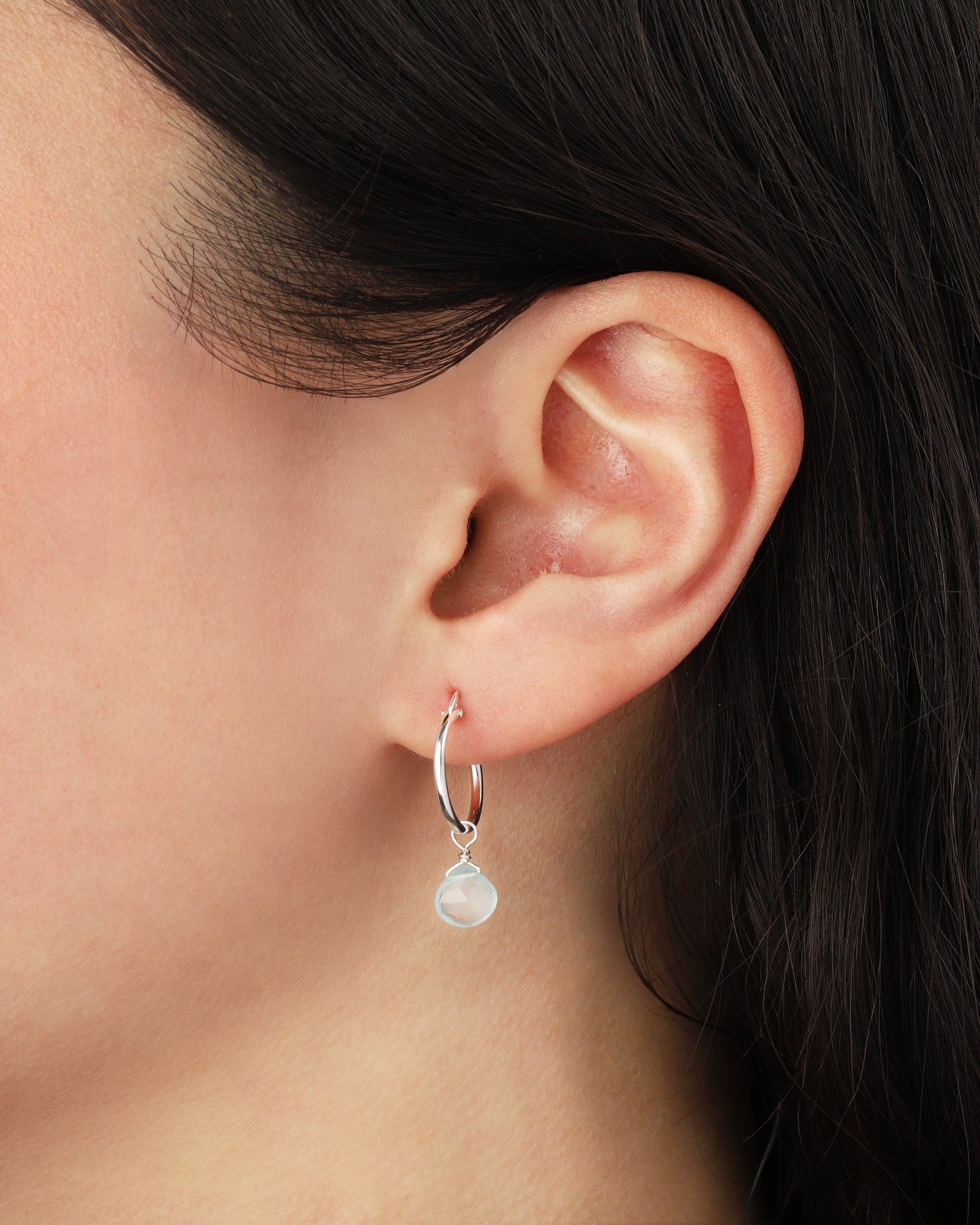 Aqua Chalcedony Heart Floating Drop Huggies | 14mm Sterling Silver, Aqua Chalcedony