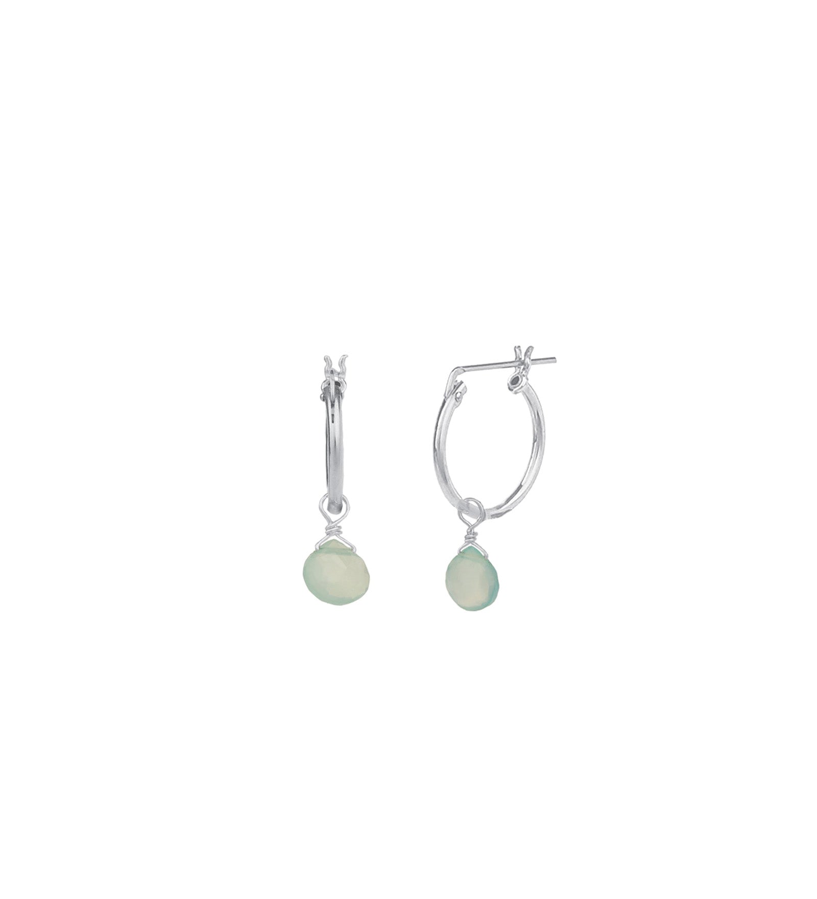 Aqua Chalcedony Heart Floating Drop Huggies | 14mm Sterling Silver, Aqua Chalcedony