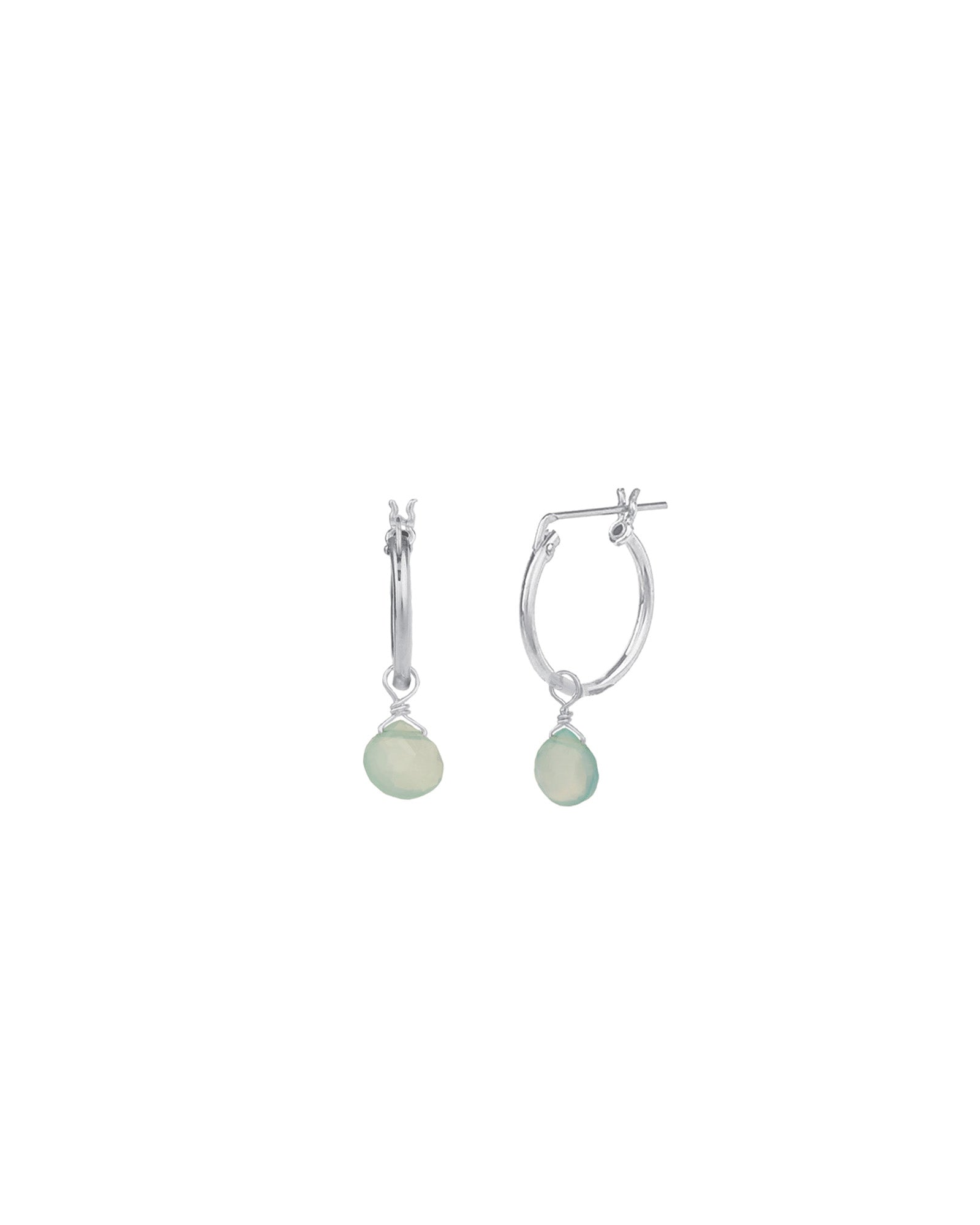 Aqua Chalcedony Heart Floating Drop Huggies | 14mm Sterling Silver, Aqua Chalcedony