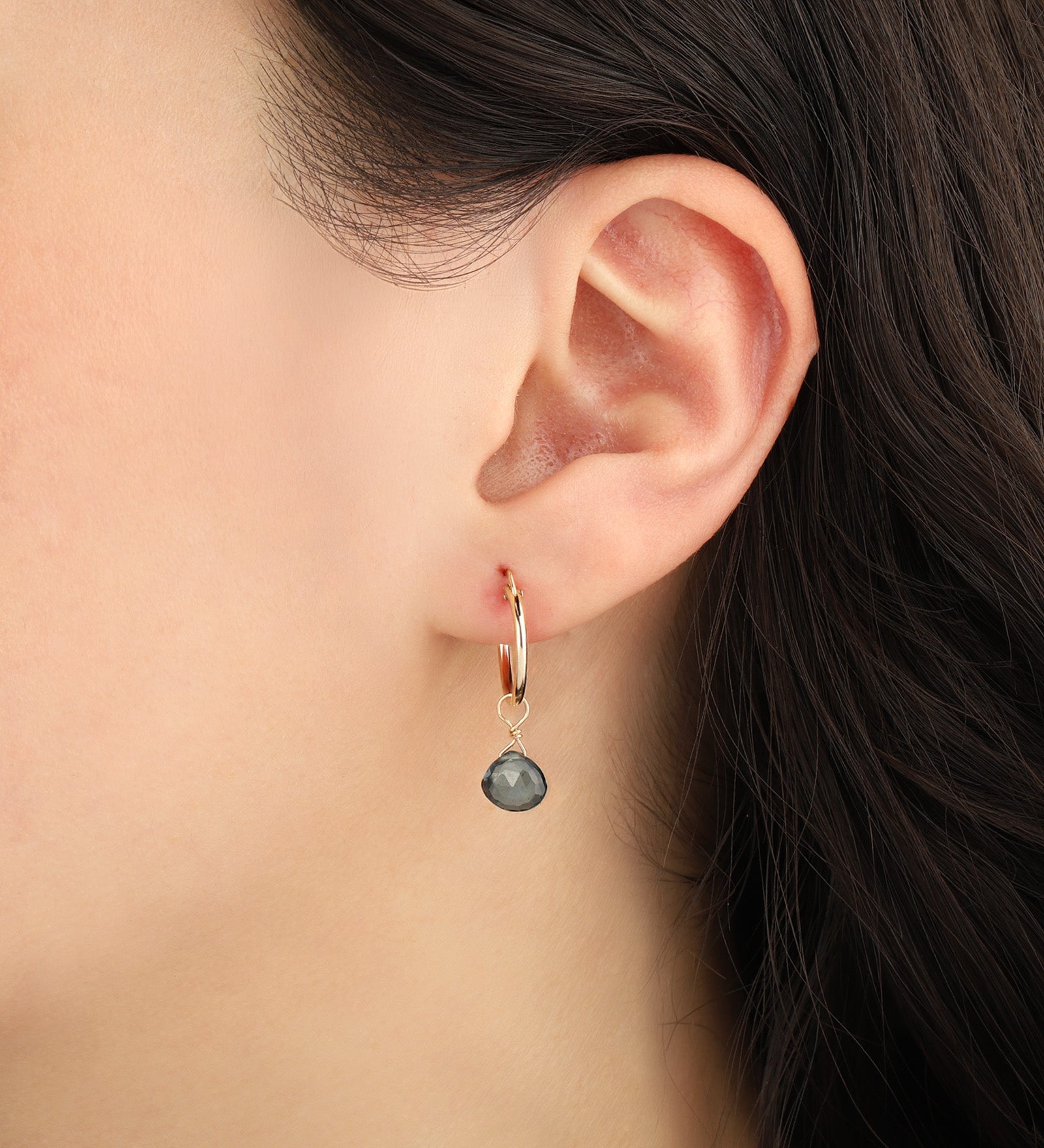 London Blue Topaz Heart Floating Drop Huggies | 14mm 14k Gold Filled, London Blue Topaz