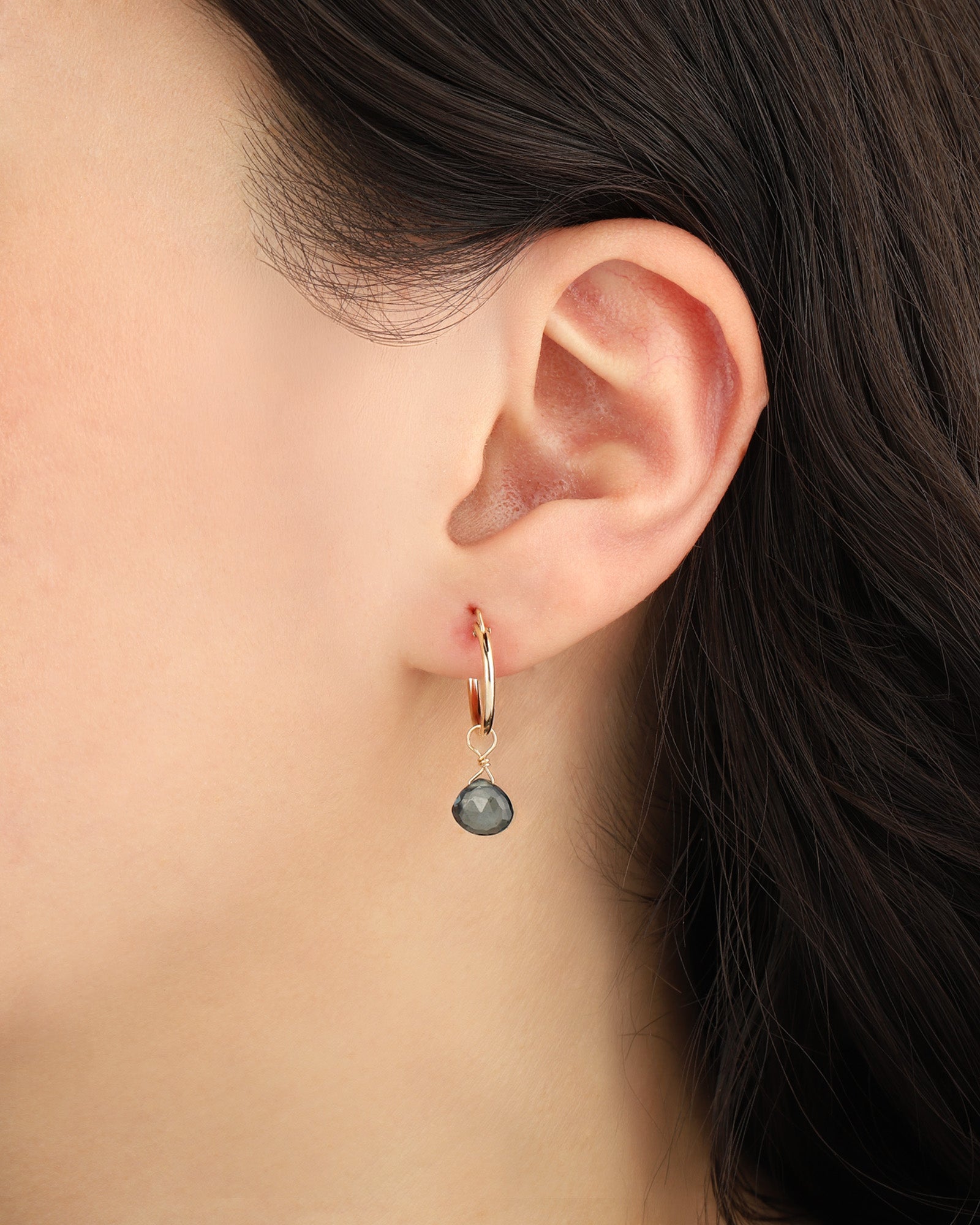 London Blue Topaz Heart Floating Drop Huggies | 14mm 14k Gold Filled, London Blue Topaz