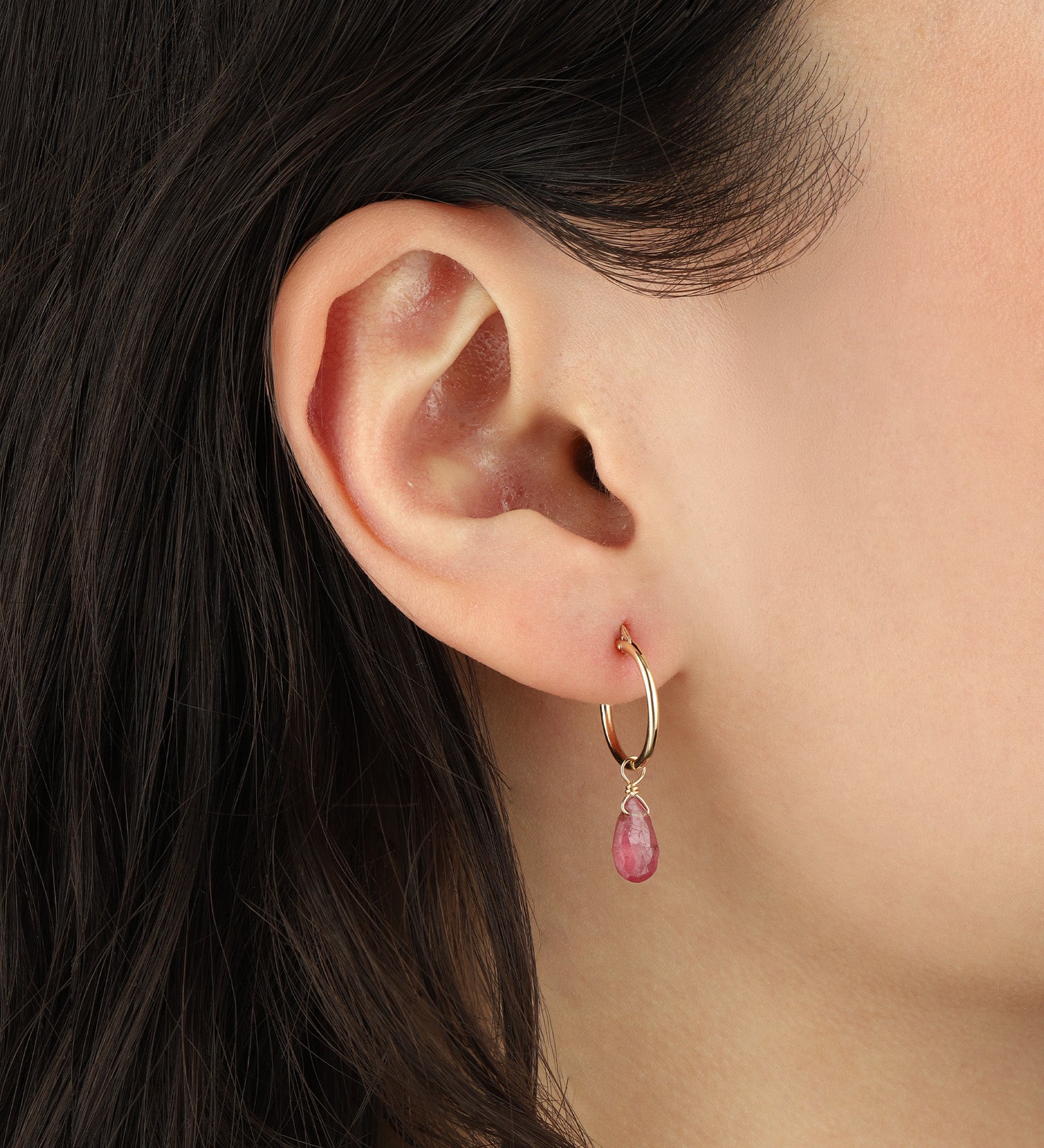 Pink Sapphire Pear Floating Drop Huggies | 14mm 14k Gold Filled, Pink Sapphire