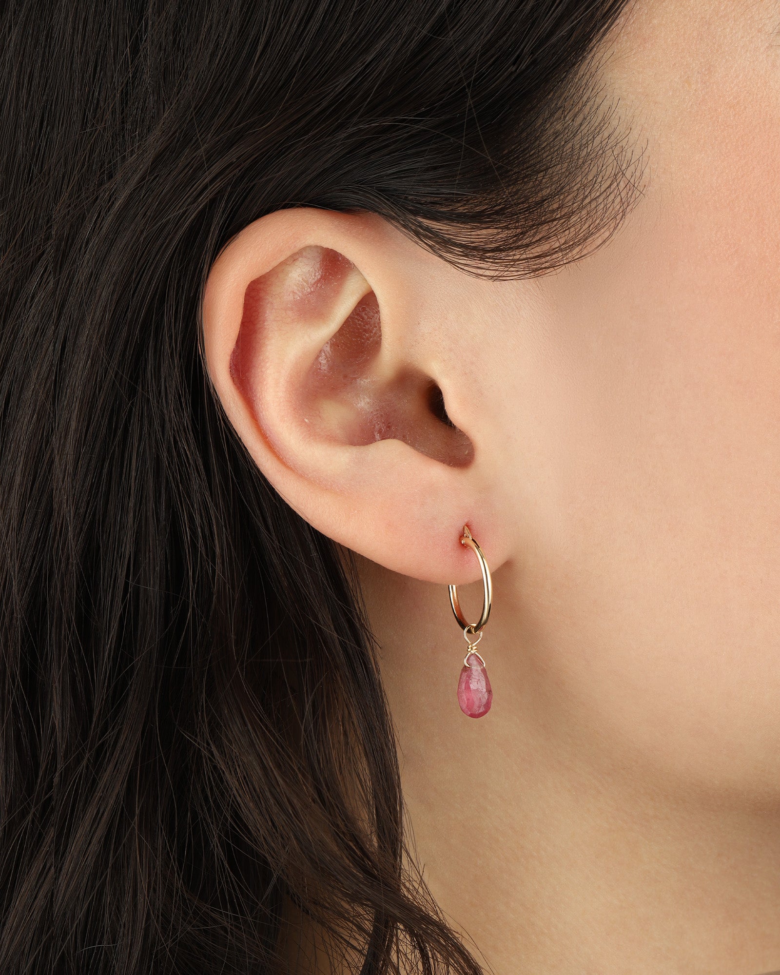 Pink Sapphire Pear Floating Drop Huggies | 14mm 14k Gold Filled, Pink Sapphire
