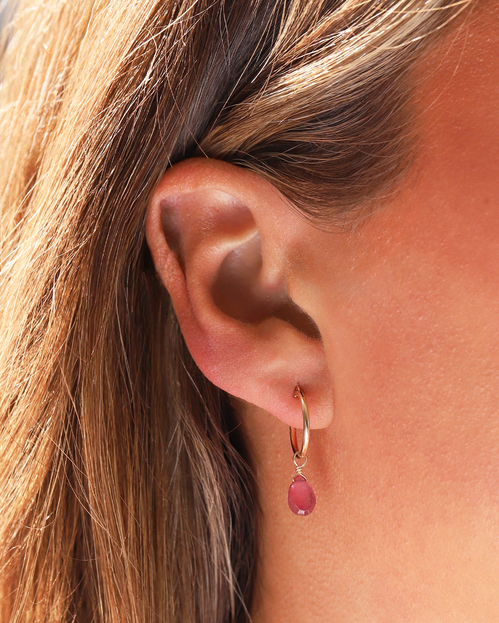 Stoned By Gem Jar-Pink Sapphire Pear Floating Drop Huggies | 14mm-Earrings-Blue Ruby Jewellery-Vancouver Canada