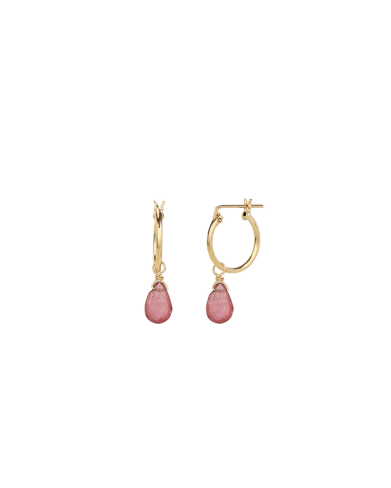 Pink Sapphire Pear Floating Drop Huggies | 14mm 14k Gold Filled, Pink Sapphire