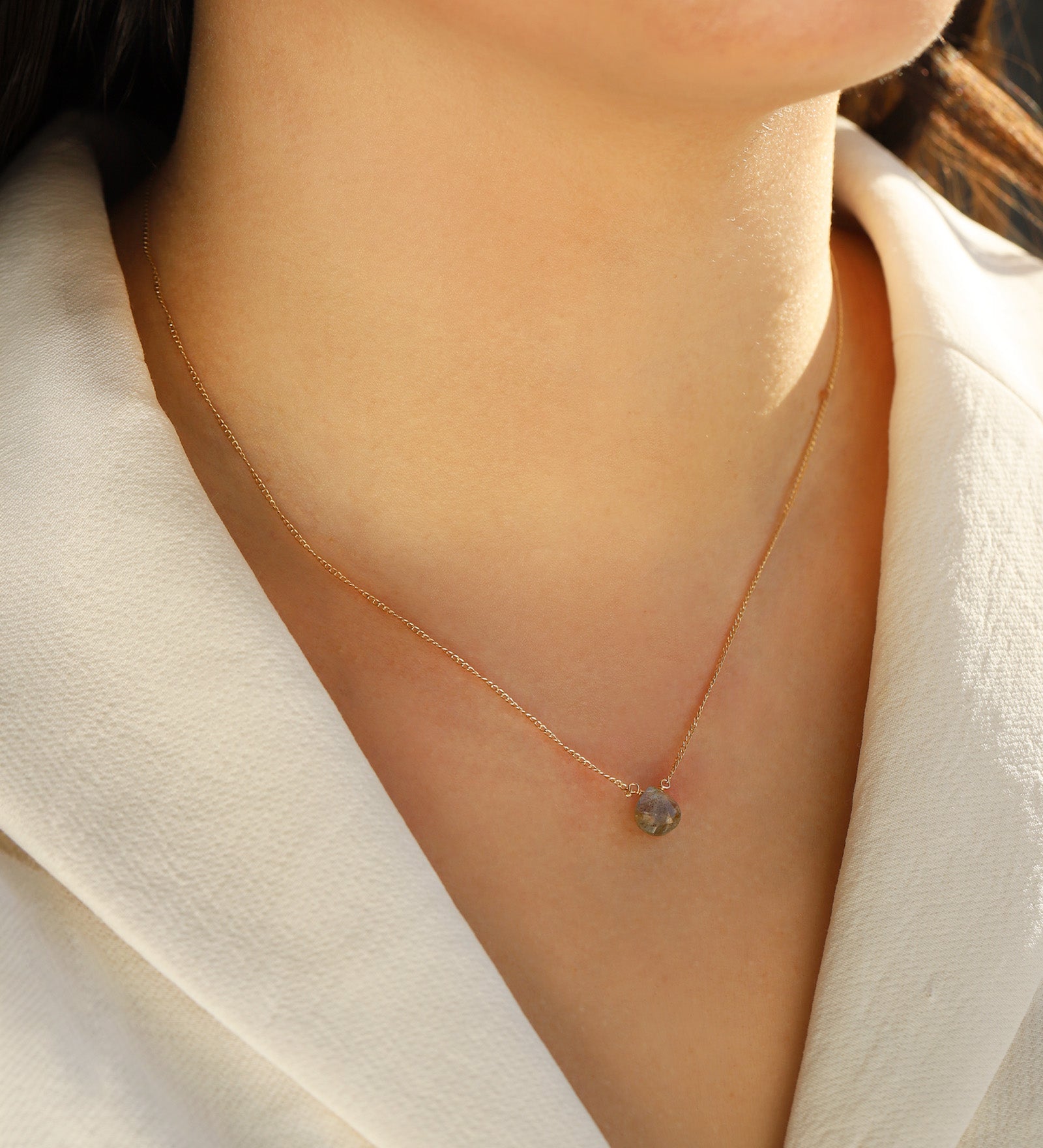 Labradorite Heart Curb Chain Necklace 14k Gold Filled, Labradorite