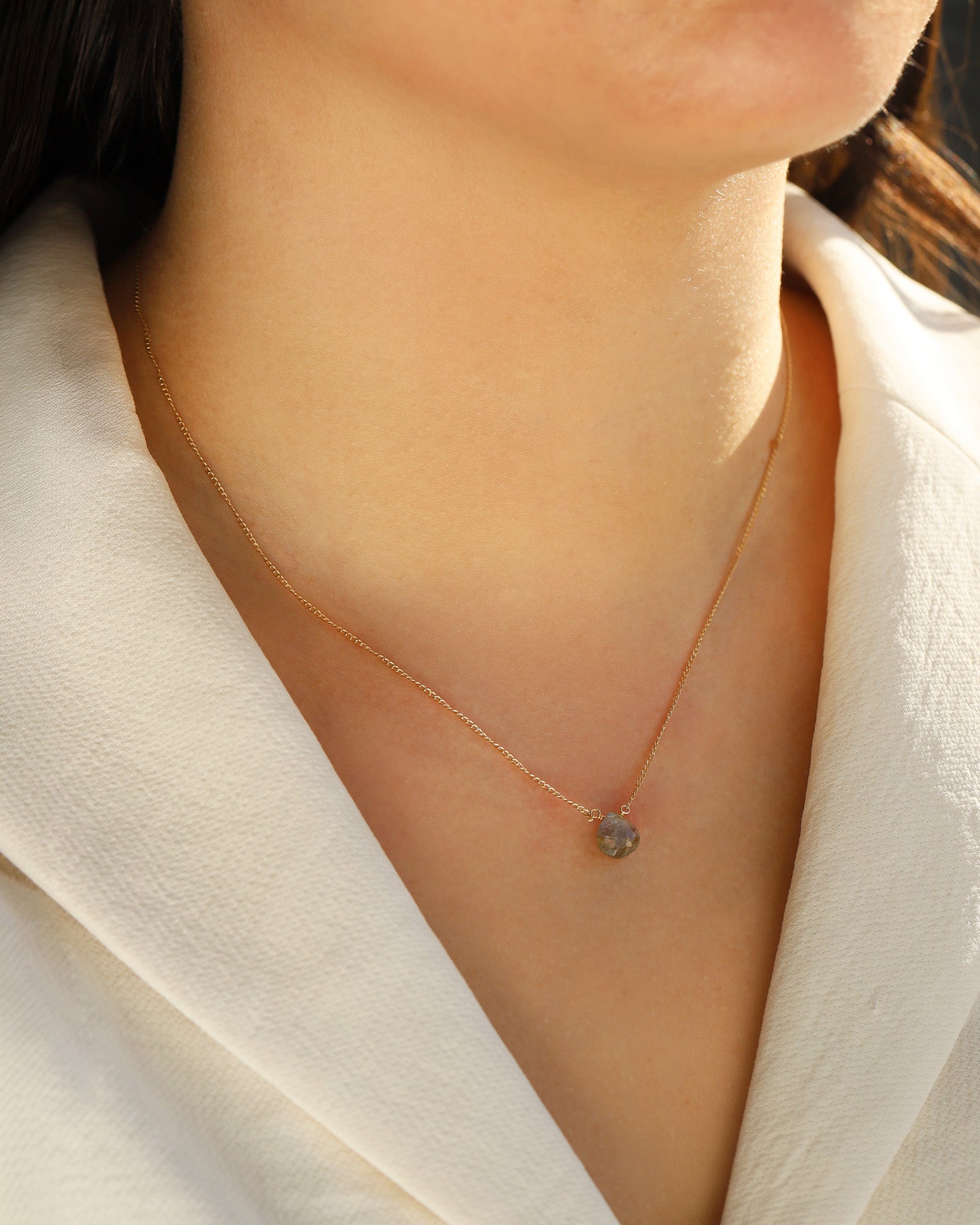 Labradorite Heart Curb Chain Necklace 14k Gold Filled, Labradorite