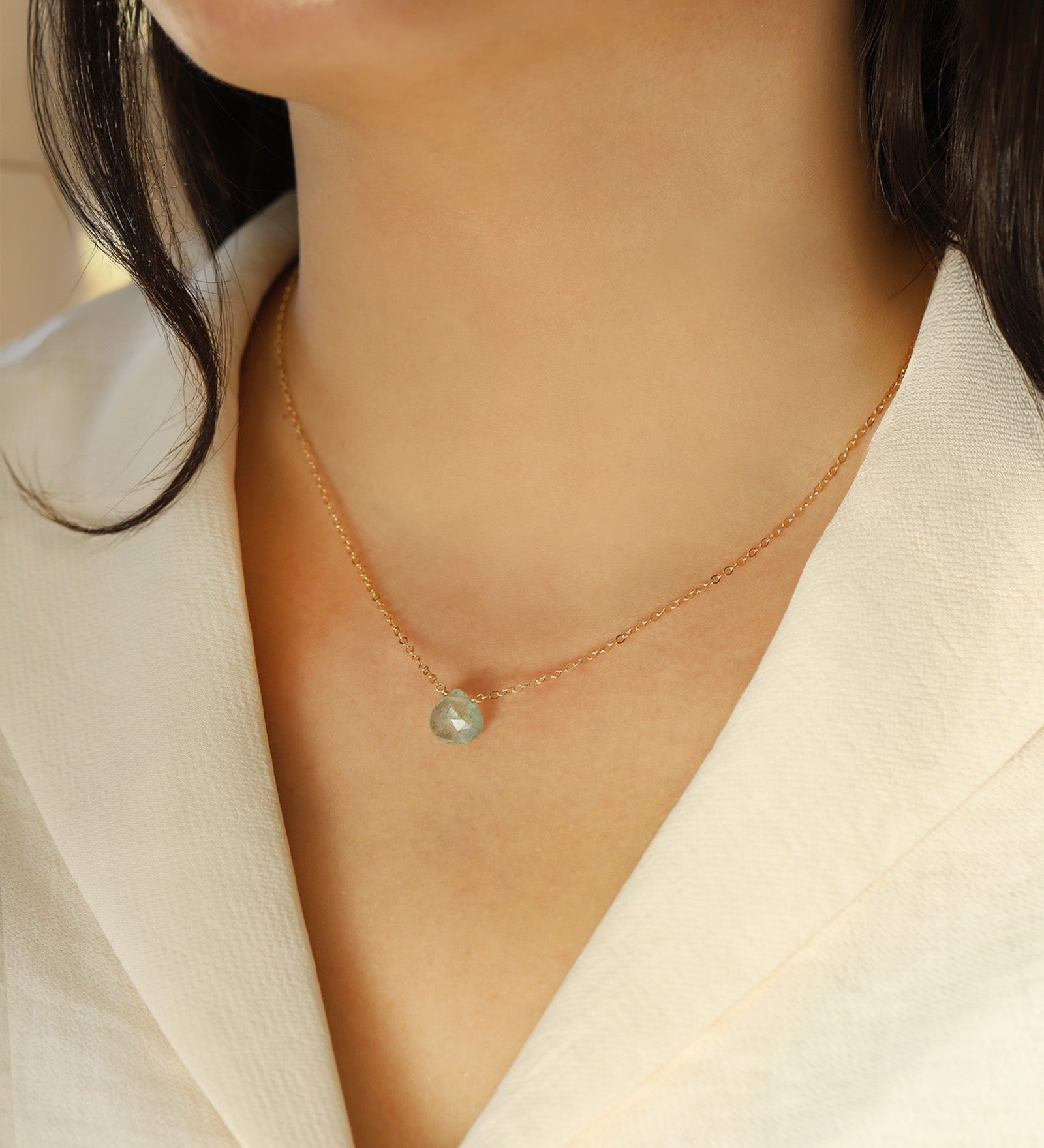 Moss Aquamarine Heart Cable Chain Necklace 14k Gold Filled, Moss Aquamarine