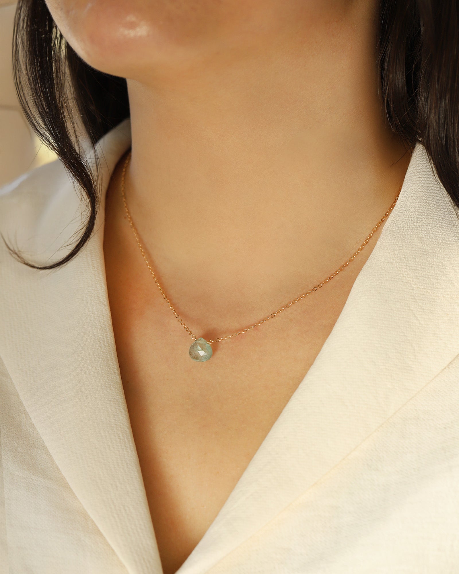 Moss Aquamarine Heart Cable Chain Necklace 14k Gold Filled, Moss Aquamarine