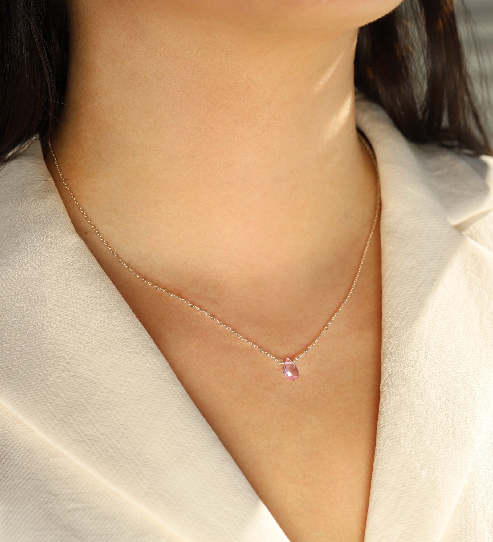 Pink Topaz Pear Cable Chain Necklace Sterling Silver, Pink Topaz