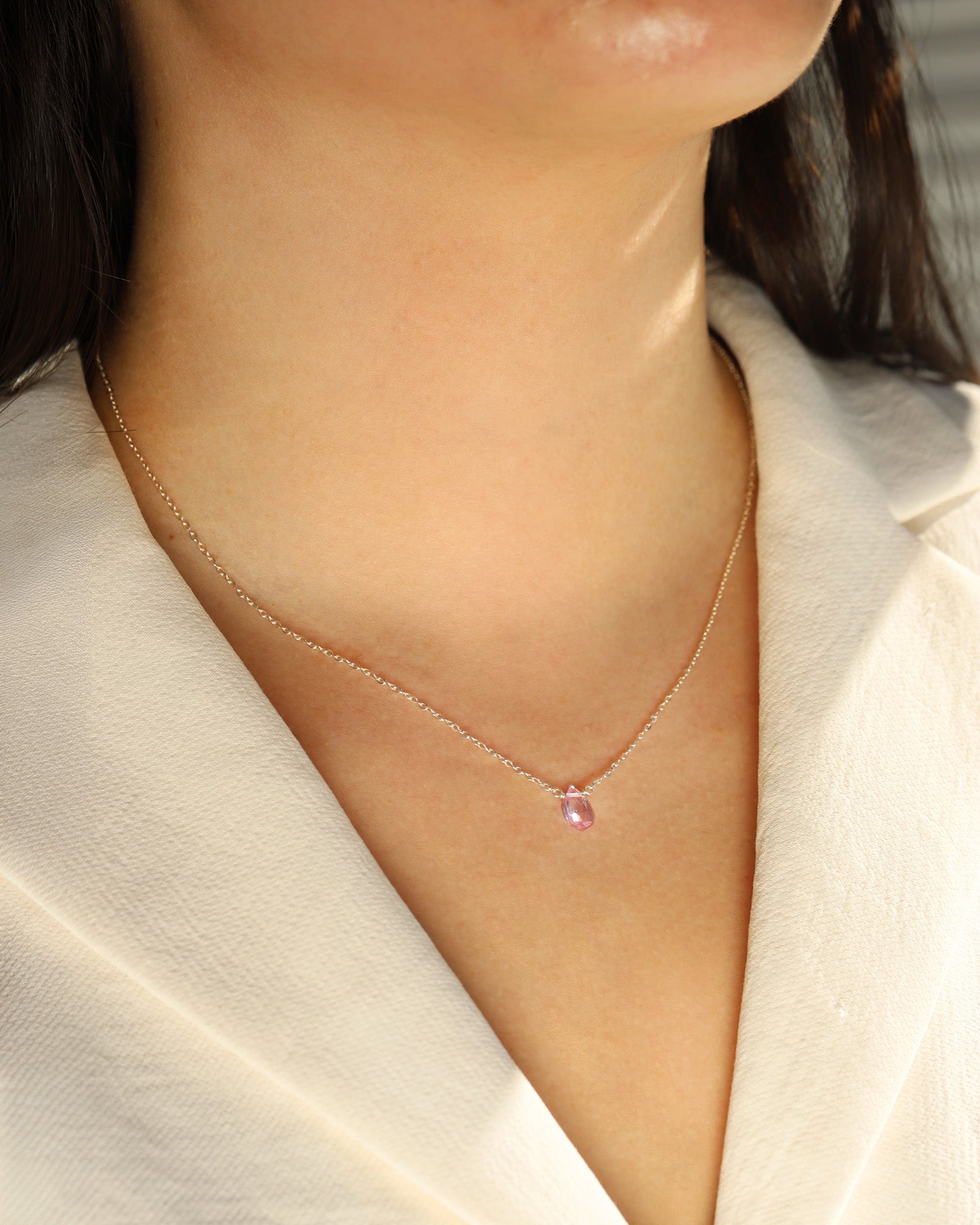 Pink Topaz Pear Cable Chain Necklace Sterling Silver, Pink Topaz