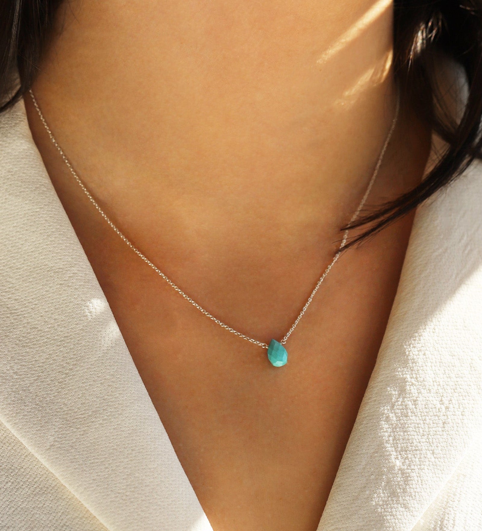 Turquoise Pear Cable Chain Necklace Sterling Silver, Turquoise