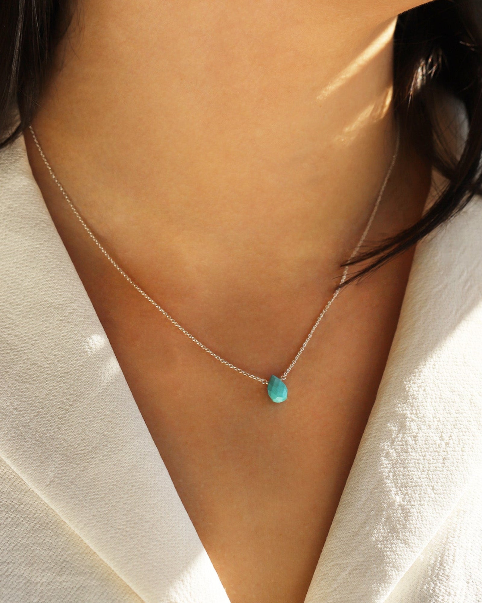 Turquoise Pear Cable Chain Necklace Sterling Silver, Turquoise