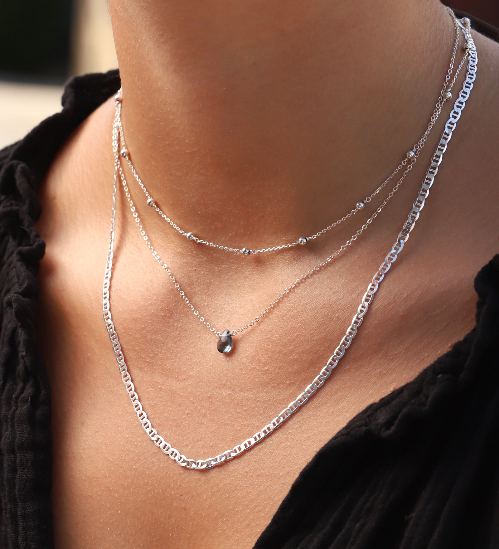 Stoned By Gem Jar-London Blue Topaz Pear Cable Chain Necklace | 6mm-Necklaces-Blue Ruby Jewellery-Vancouver Canada