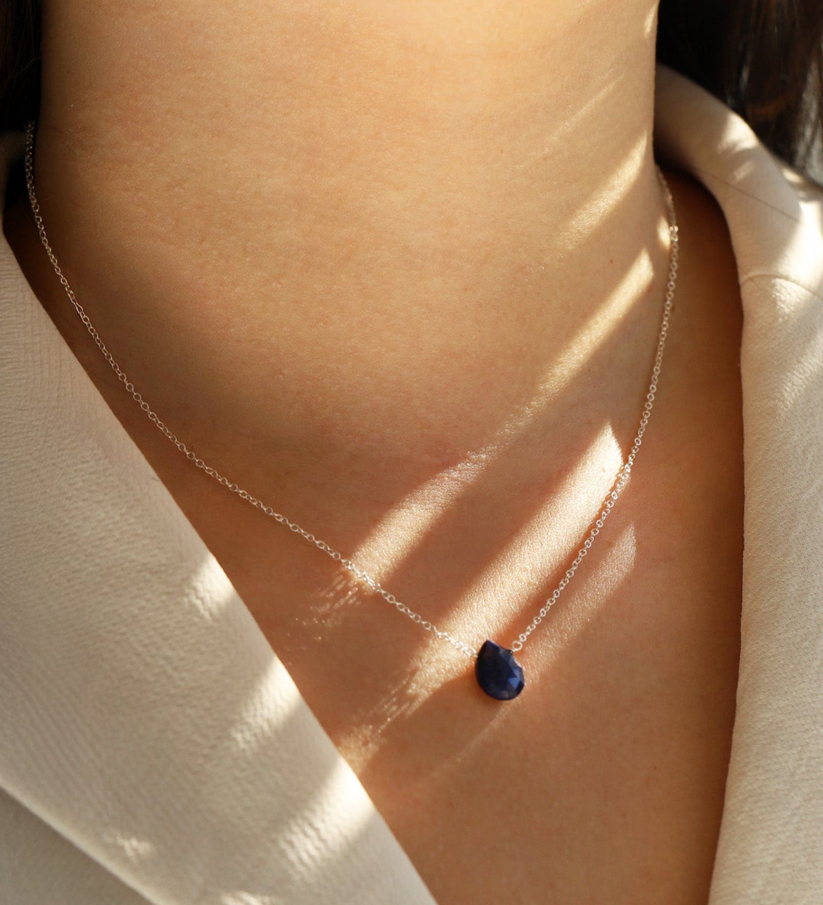 Blue Sapphire Pear Cable Chain Necklace Sterling Silver, Blue Sapphire