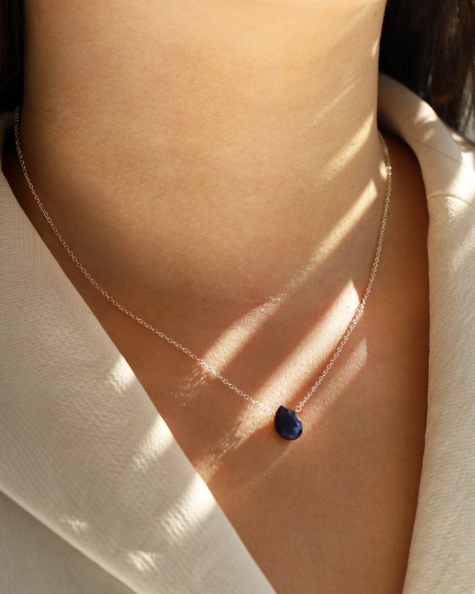 Blue Sapphire Pear Cable Chain Necklace Sterling Silver, Blue Sapphire