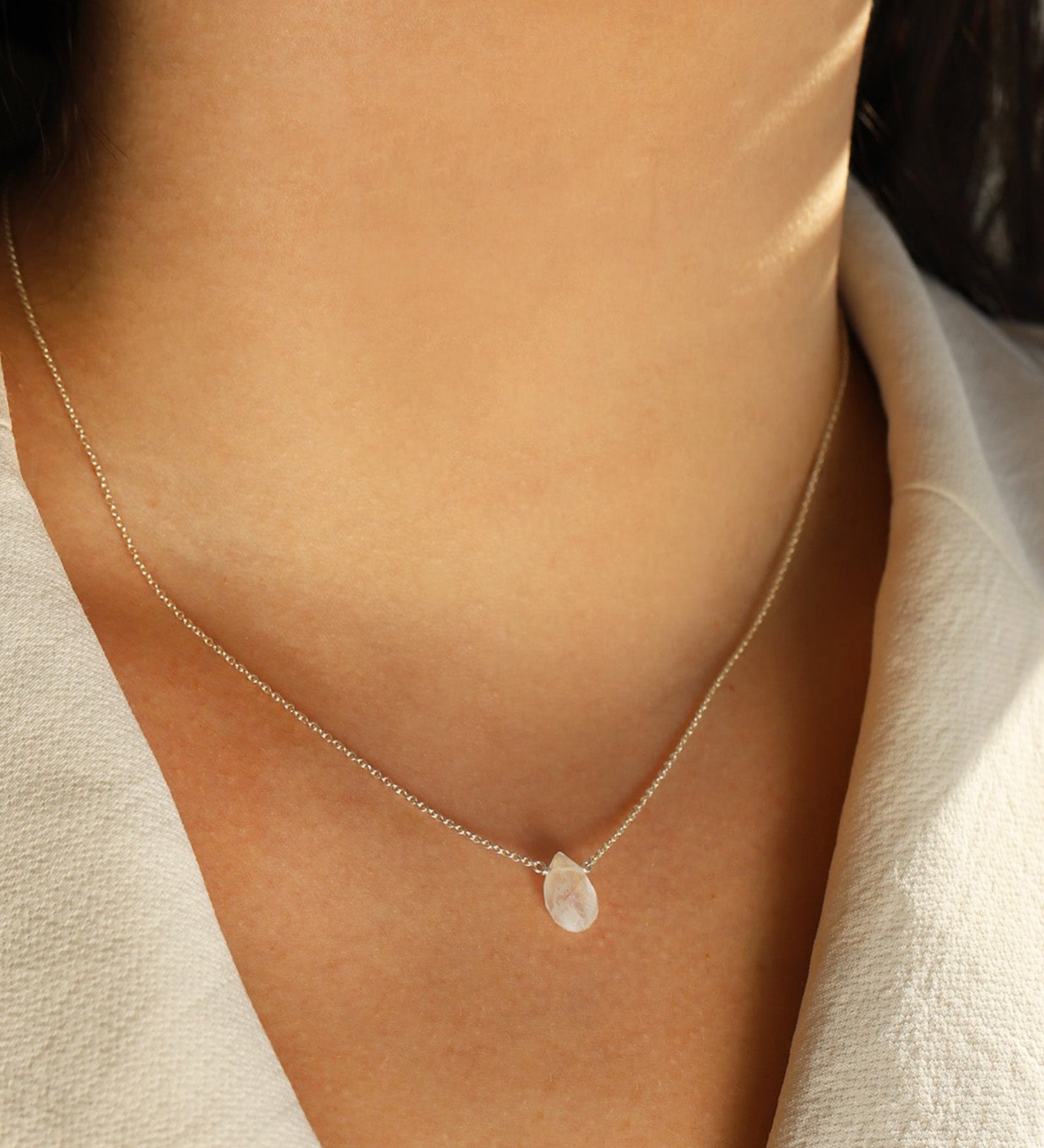 Rainbow Moonstone Pear Cable Chain Necklace Sterling Silver, Rainbow Moonstone
