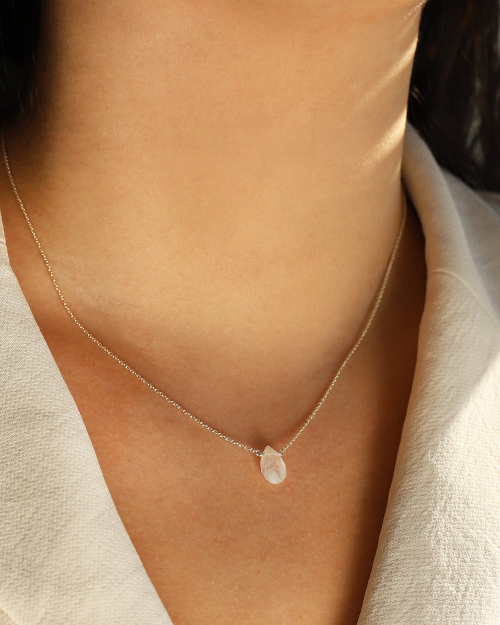 Rainbow Moonstone Pear Cable Chain Necklace Sterling Silver, Rainbow Moonstone