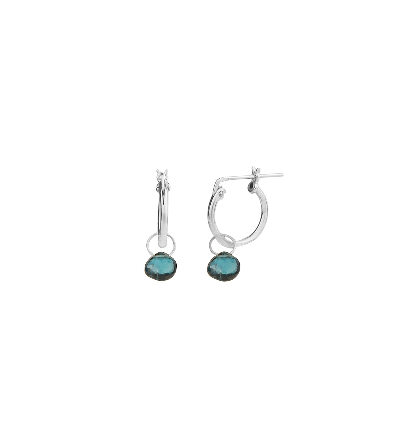 Stoned By Gem Jar-London Blue Topaz Heart Floating Drop Huggies | 14mm-Earrings-Sterling Silver, London Blue Topaz-Blue Ruby Jewellery-Vancouver Canada
