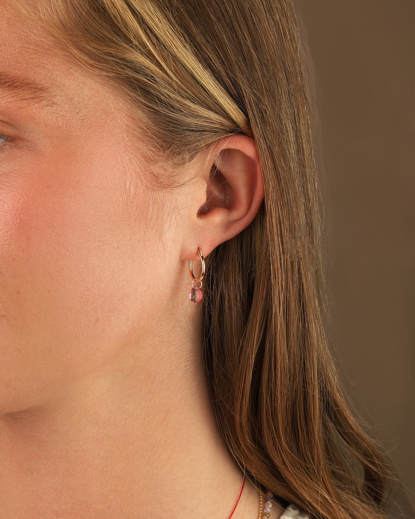 Pink Topaz Heart Floating Pear Huggies | 14mm 14k Gold Filled, Pink Topaz