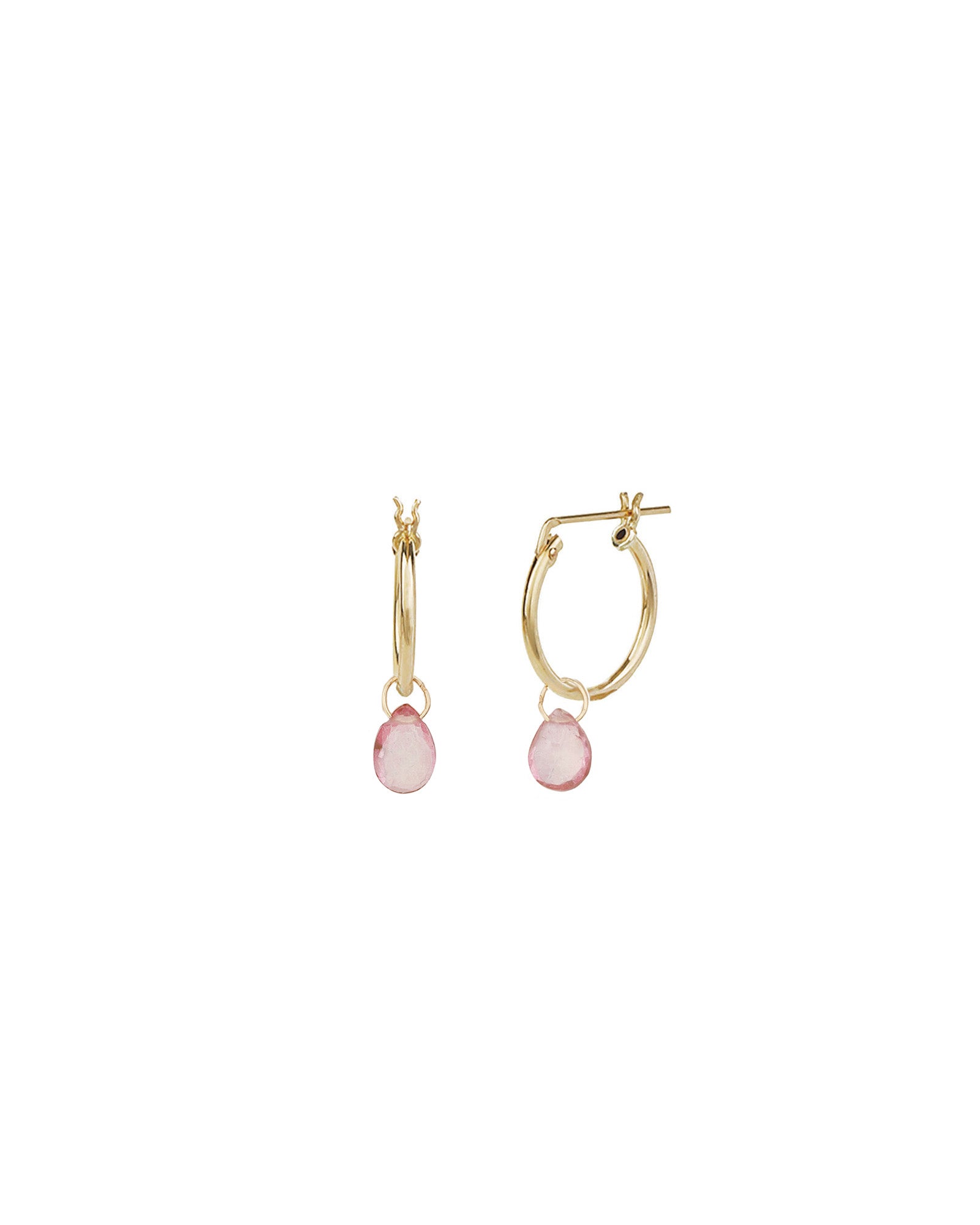 Pink Topaz Heart Floating Pear Huggies | 14mm 14k Gold Filled, Pink Topaz